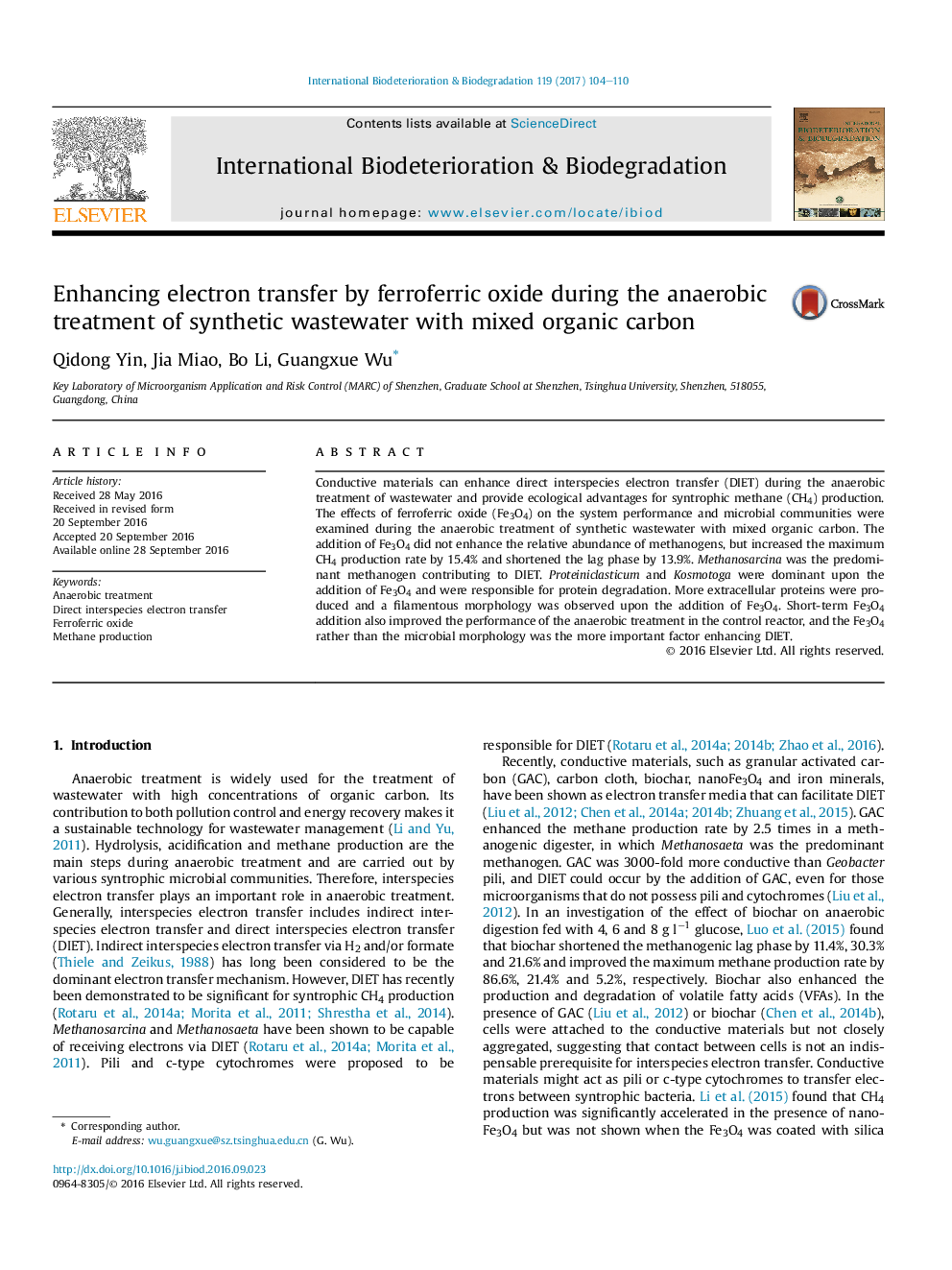 Enhancing electron transfer by ferroferric oxide during the anaerobic treatment of synthetic wastewater with mixed organic carbon