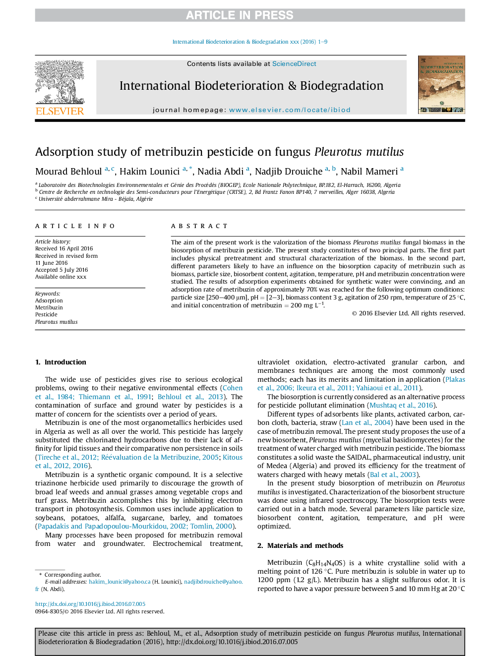 Adsorption study of metribuzin pesticide on fungus Pleurotus mutilus