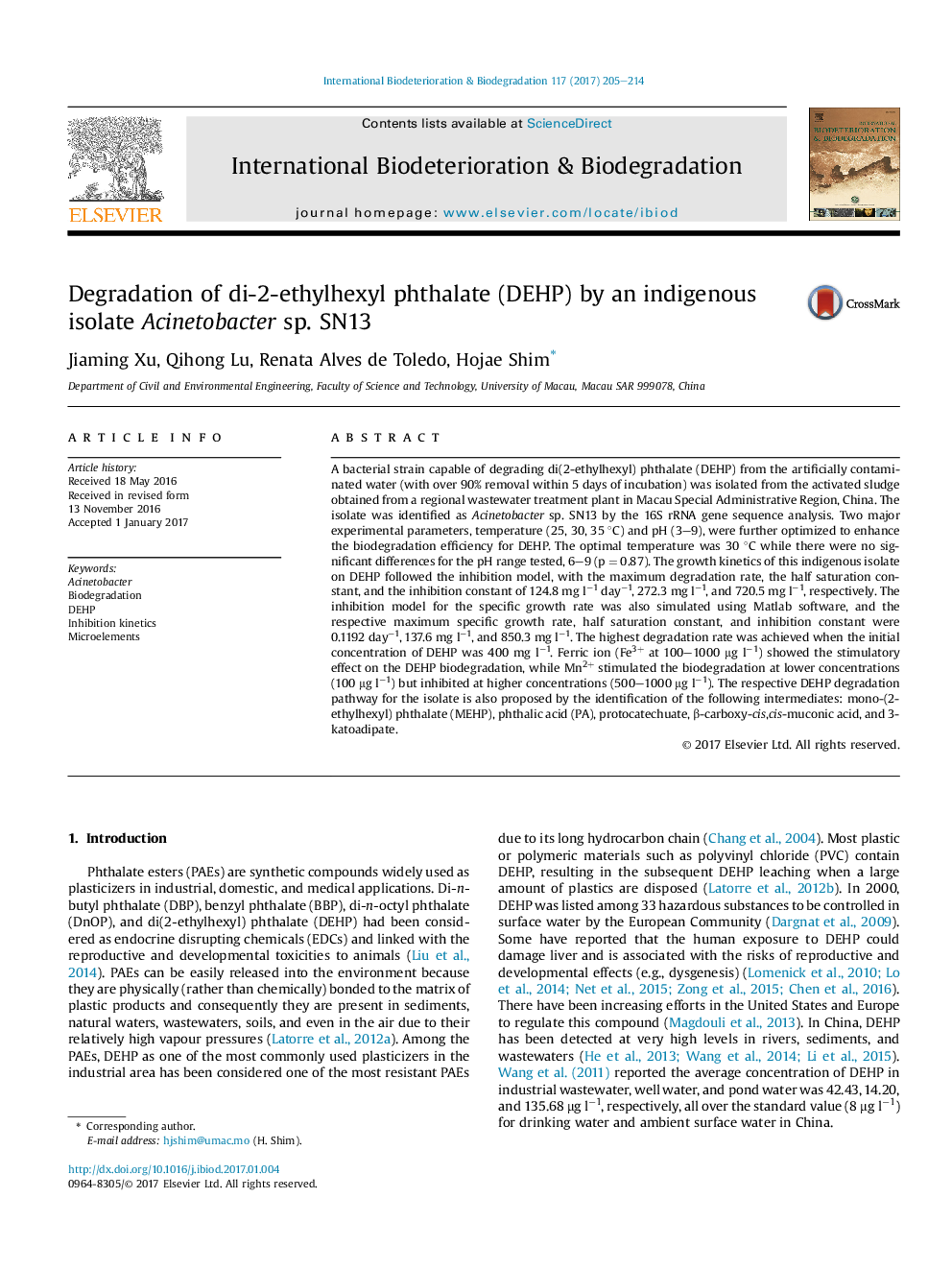 Degradation of di-2-ethylhexyl phthalate (DEHP) by an indigenous isolate Acinetobacter sp. SN13