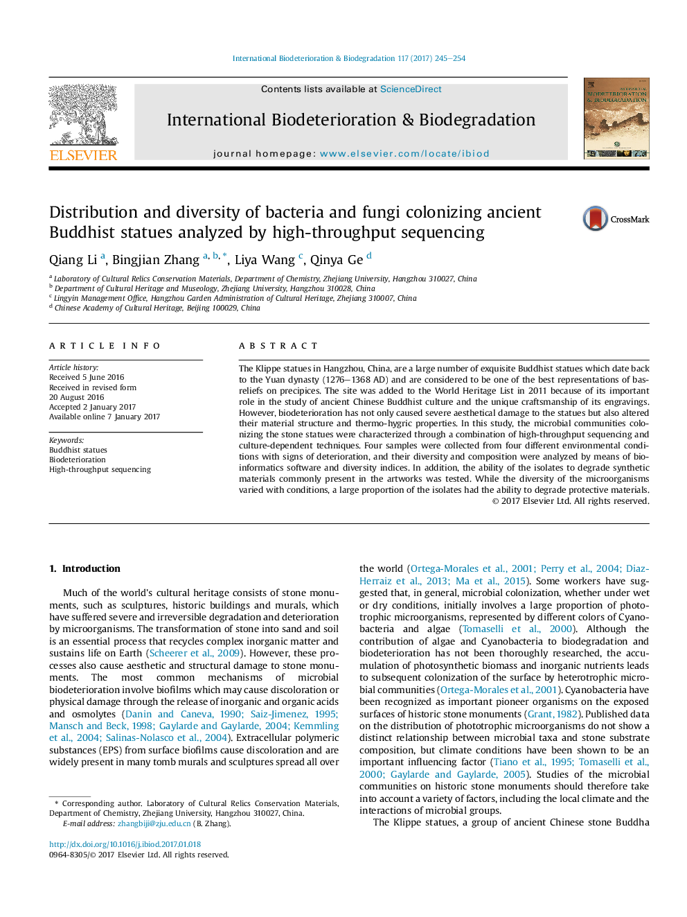 Distribution and diversity of bacteria and fungi colonizing ancient Buddhist statues analyzed by high-throughput sequencing