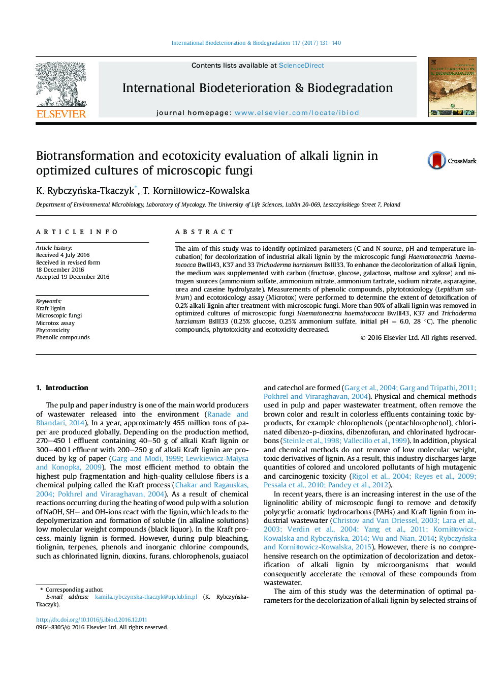 Biotransformation and ecotoxicity evaluation of alkali lignin in optimized cultures of microscopic fungi
