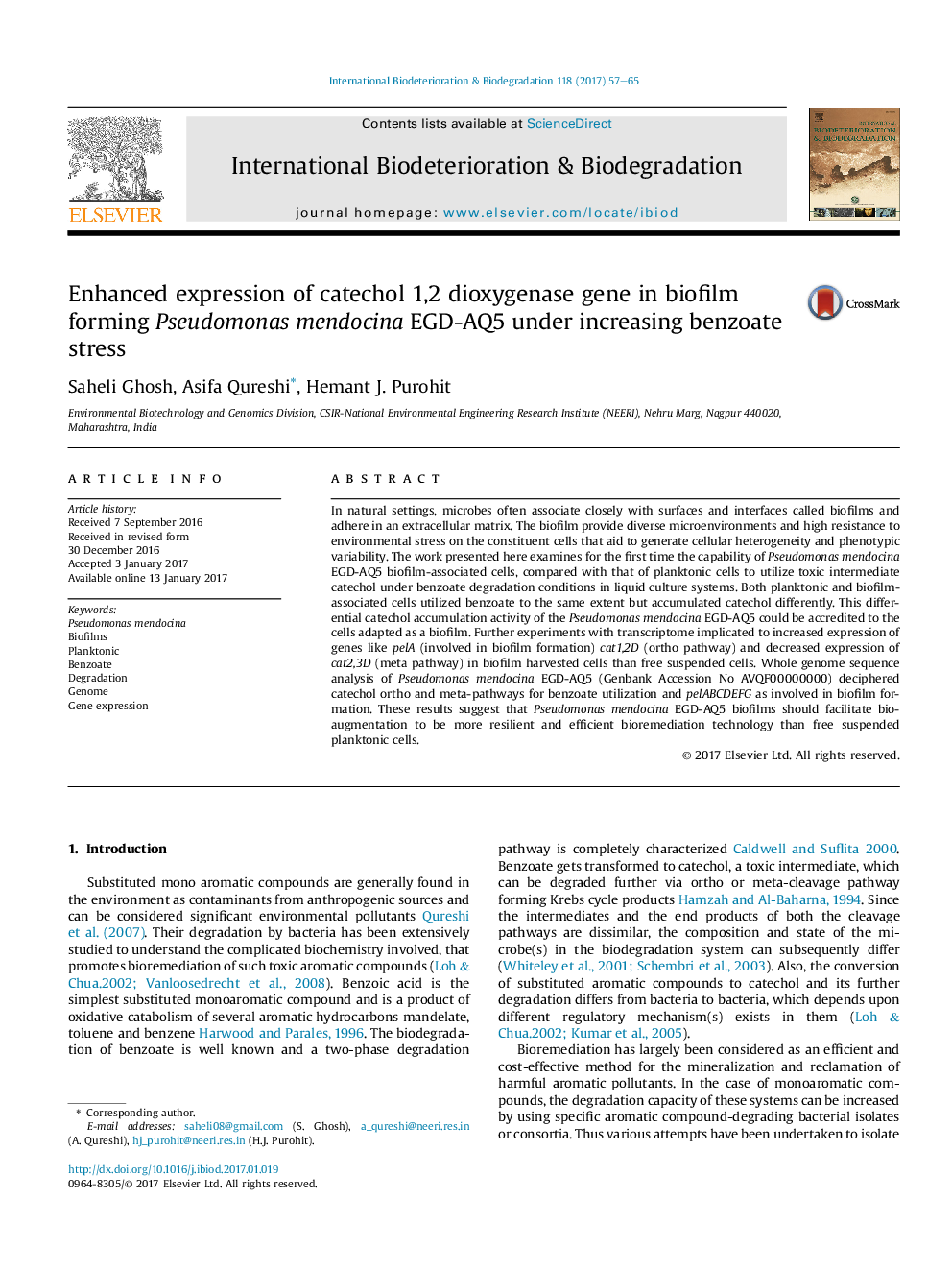 Enhanced expression of catechol 1,2 dioxygenase gene in biofilm forming Pseudomonas mendocina EGD-AQ5 under increasing benzoate stress