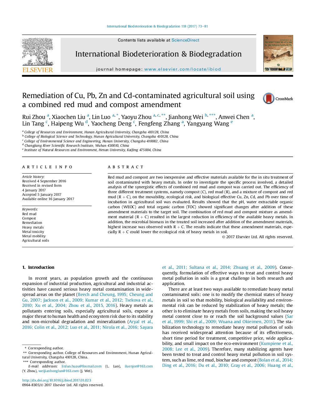 Remediation of Cu, Pb, Zn and Cd-contaminated agricultural soil using a combined red mud and compost amendment