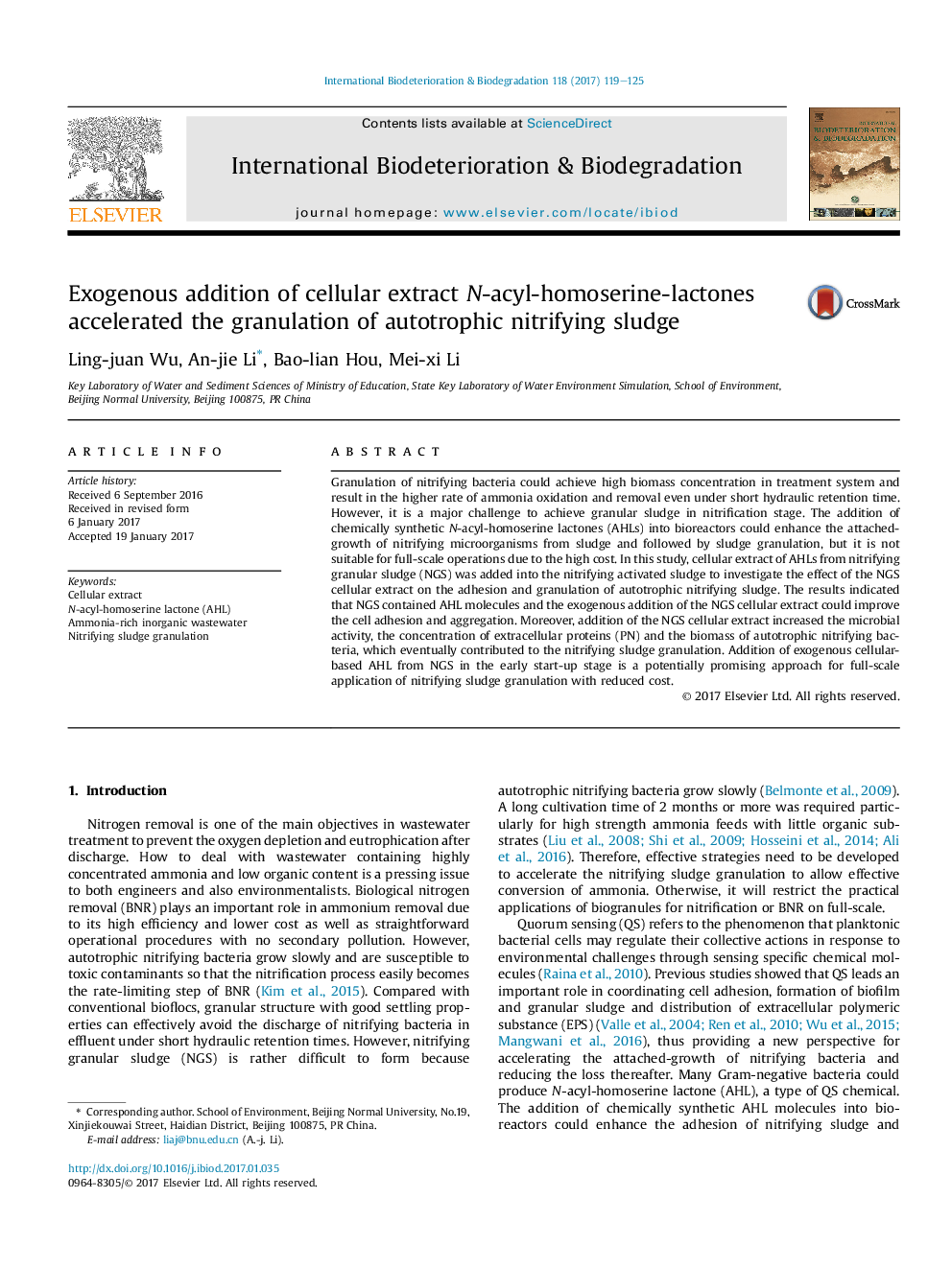 Exogenous addition of cellular extract N-acyl-homoserine-lactones accelerated the granulation of autotrophic nitrifying sludge