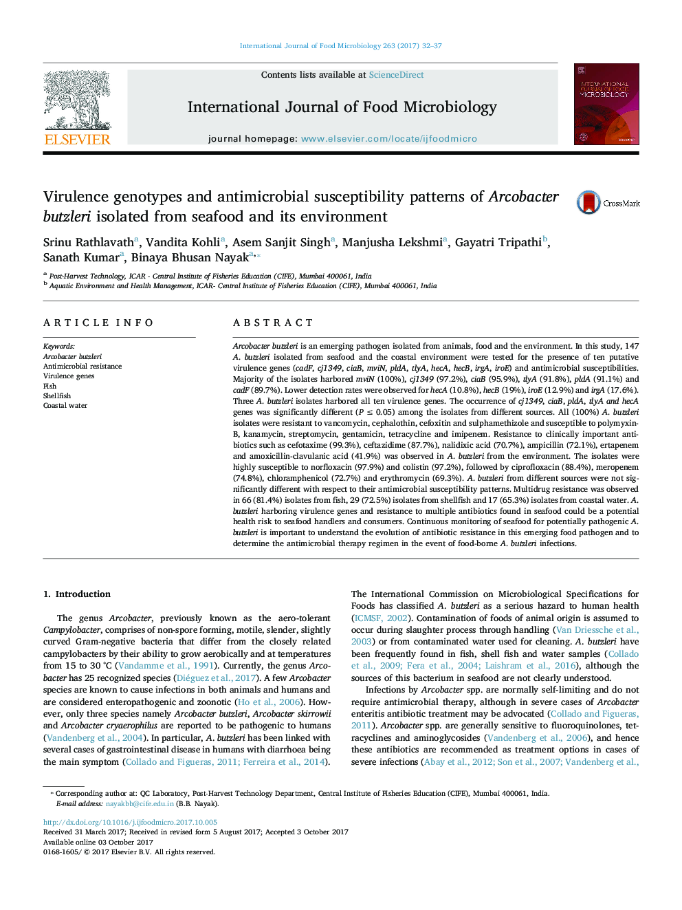 Virulence genotypes and antimicrobial susceptibility patterns of Arcobacter butzleri isolated from seafood and its environment