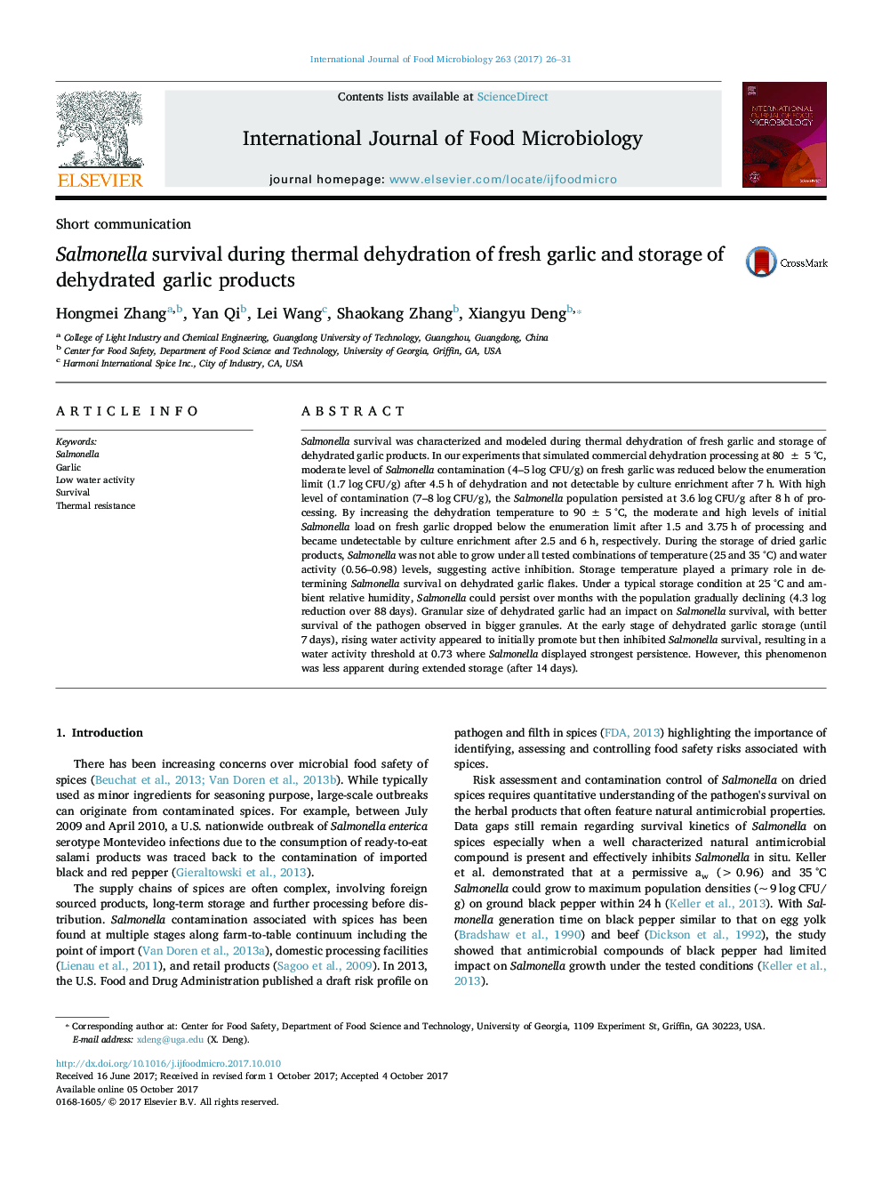 Short communicationSalmonella survival during thermal dehydration of fresh garlic and storage of dehydrated garlic products