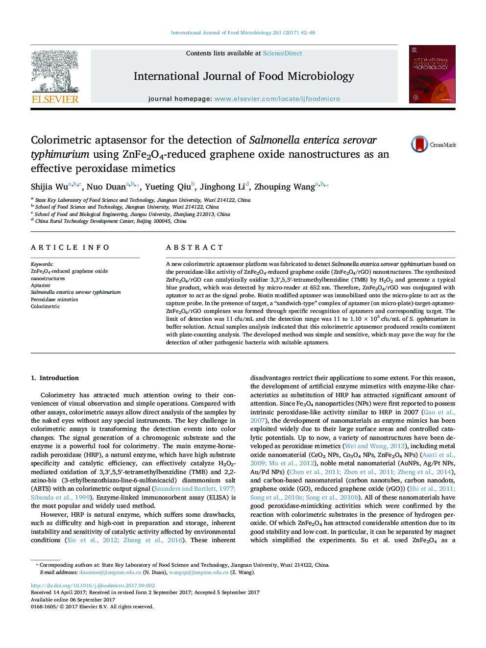 Colorimetric aptasensor for the detection of Salmonella enterica serovar typhimurium using ZnFe2O4-reduced graphene oxide nanostructures as an effective peroxidase mimetics