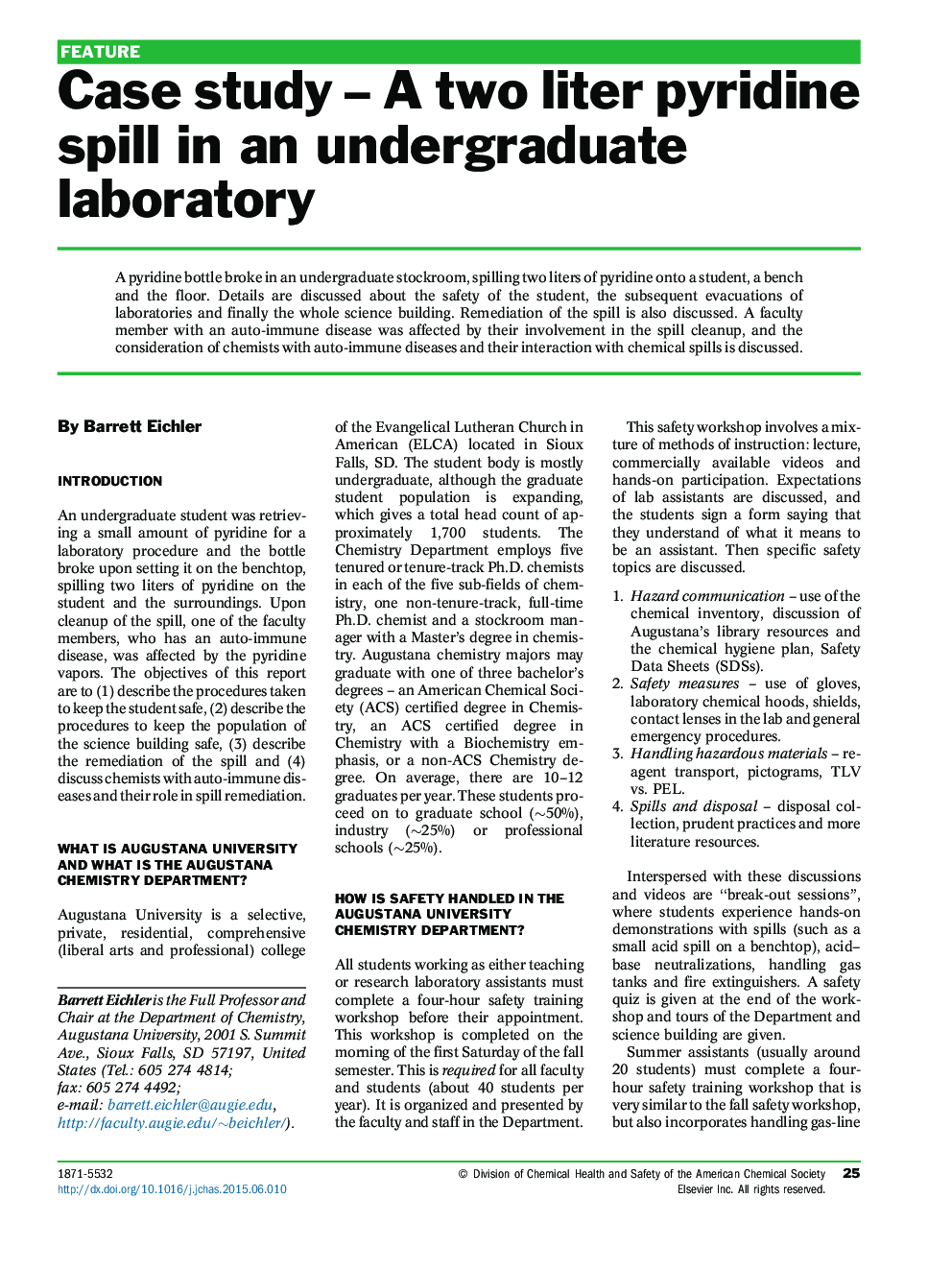 Case study – A two liter pyridine spill in an undergraduate laboratory