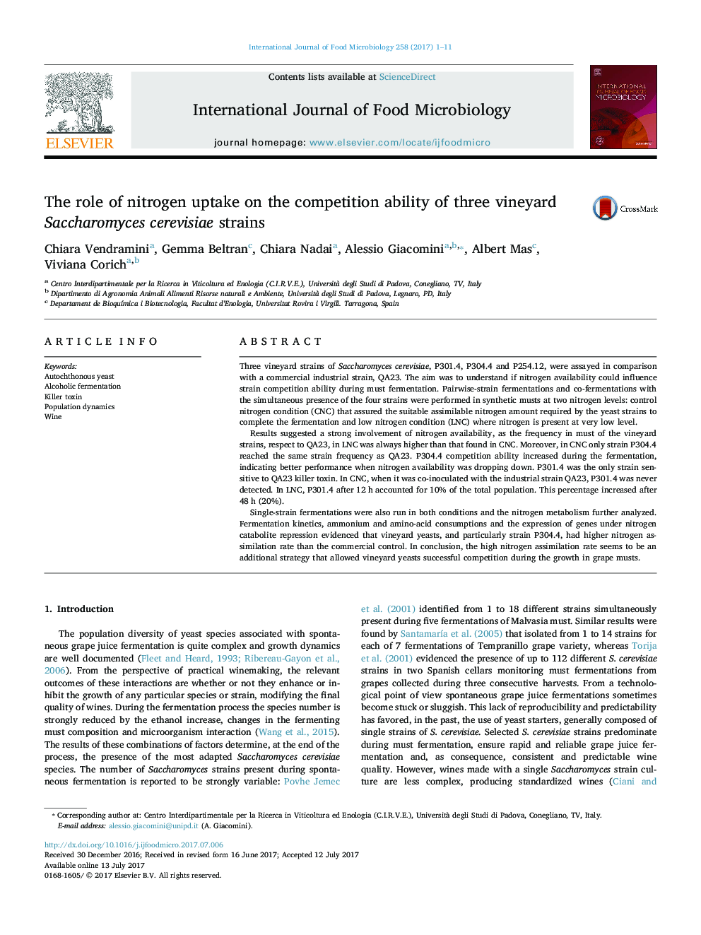 The role of nitrogen uptake on the competition ability of three vineyard Saccharomyces cerevisiae strains