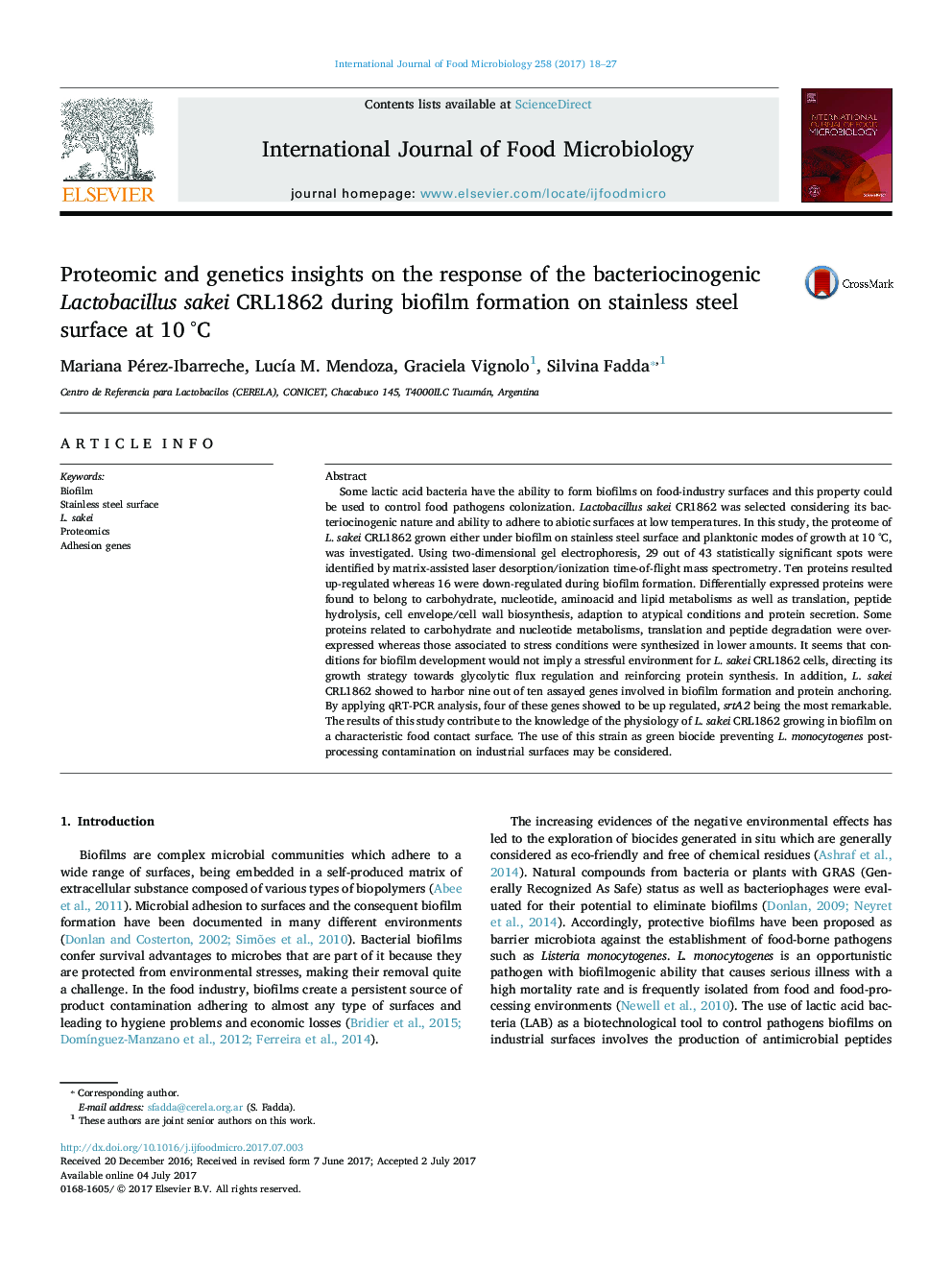 Proteomic and genetics insights on the response of the bacteriocinogenic Lactobacillus sakei CRL1862 during biofilm formation on stainless steel surface at 10Â Â°C