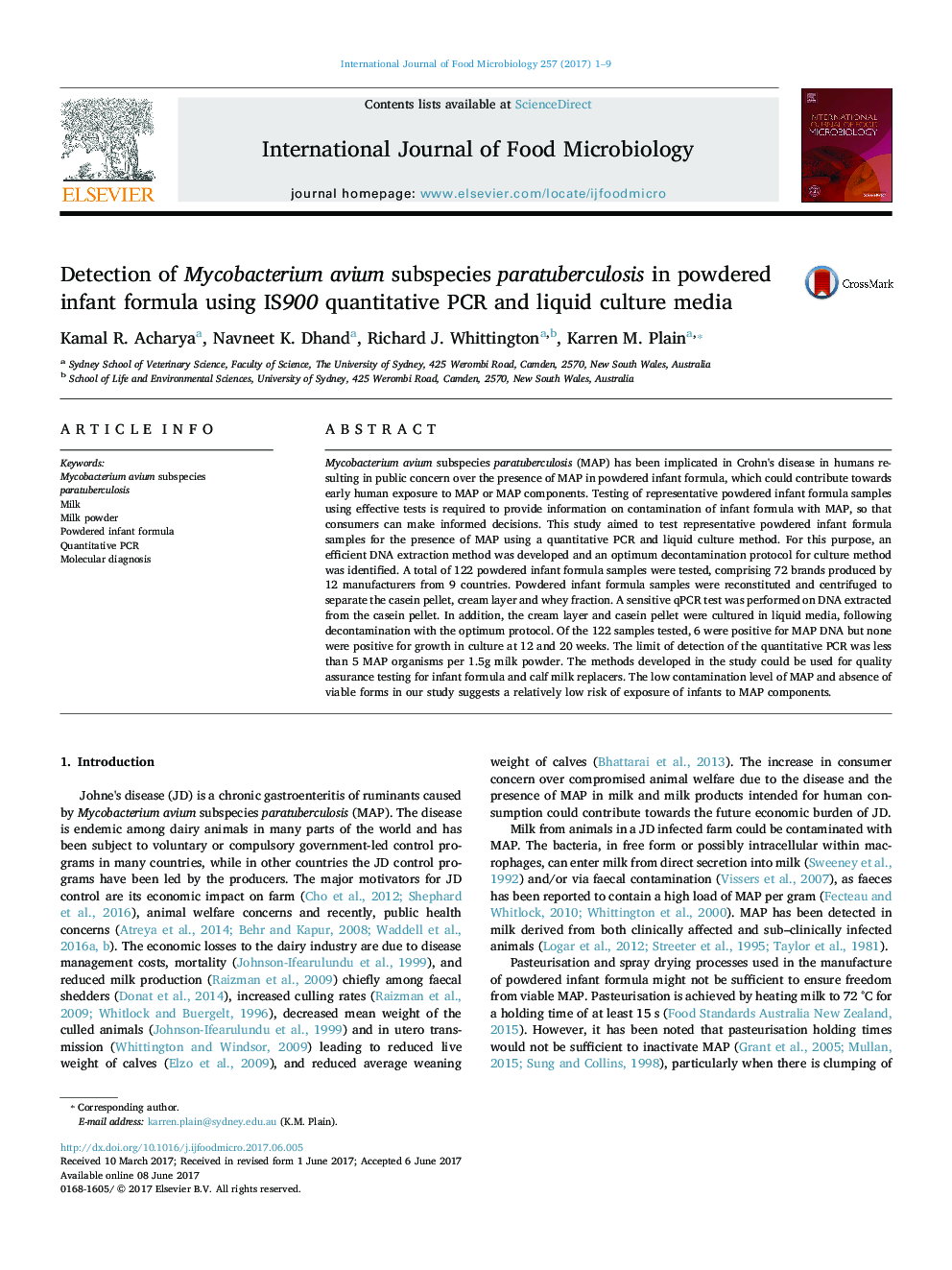 Detection of Mycobacterium avium subspecies paratuberculosis in powdered infant formula using IS900 quantitative PCR and liquid culture media