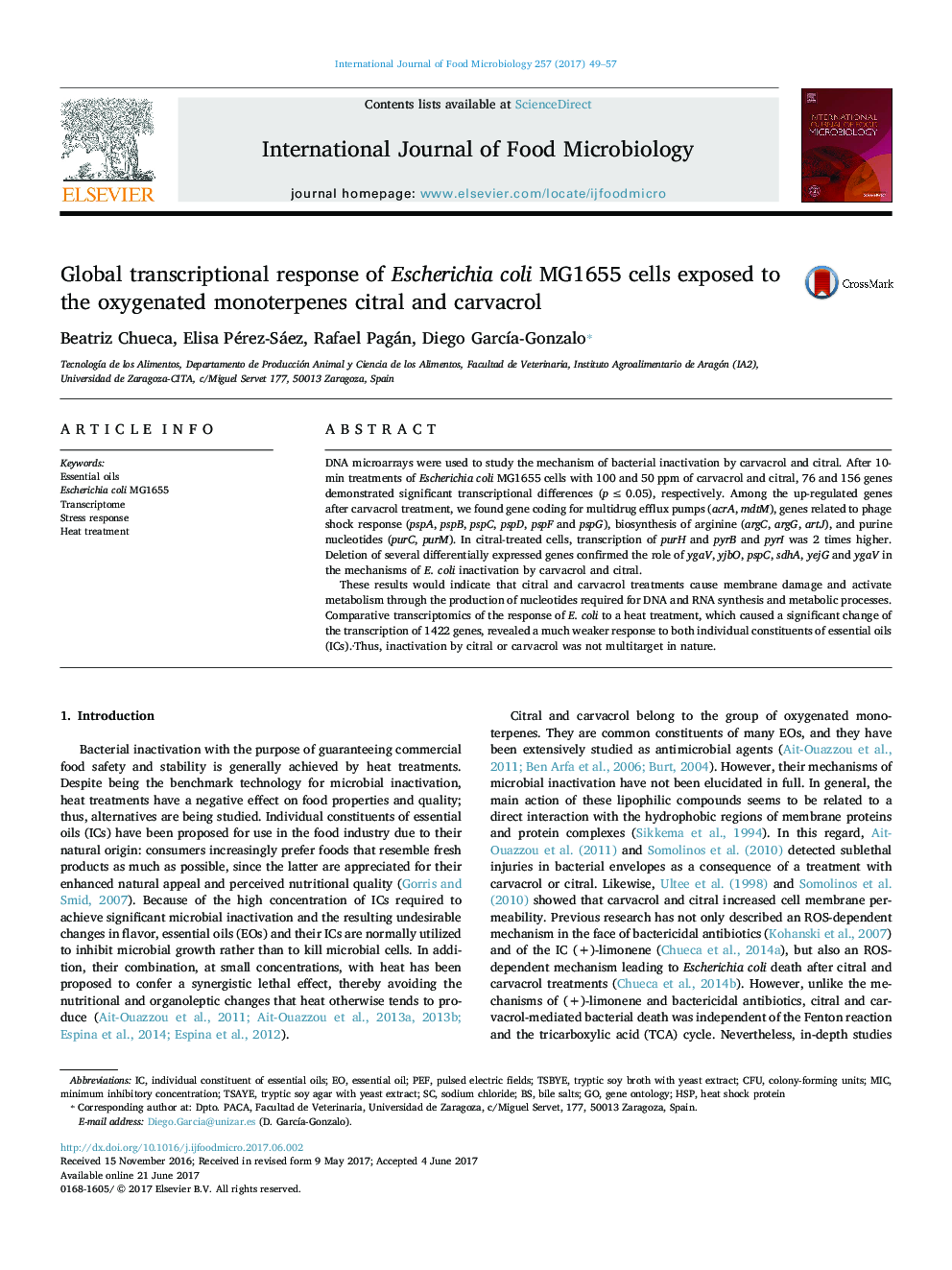 Global transcriptional response of Escherichia coli MG1655 cells exposed to the oxygenated monoterpenes citral and carvacrol