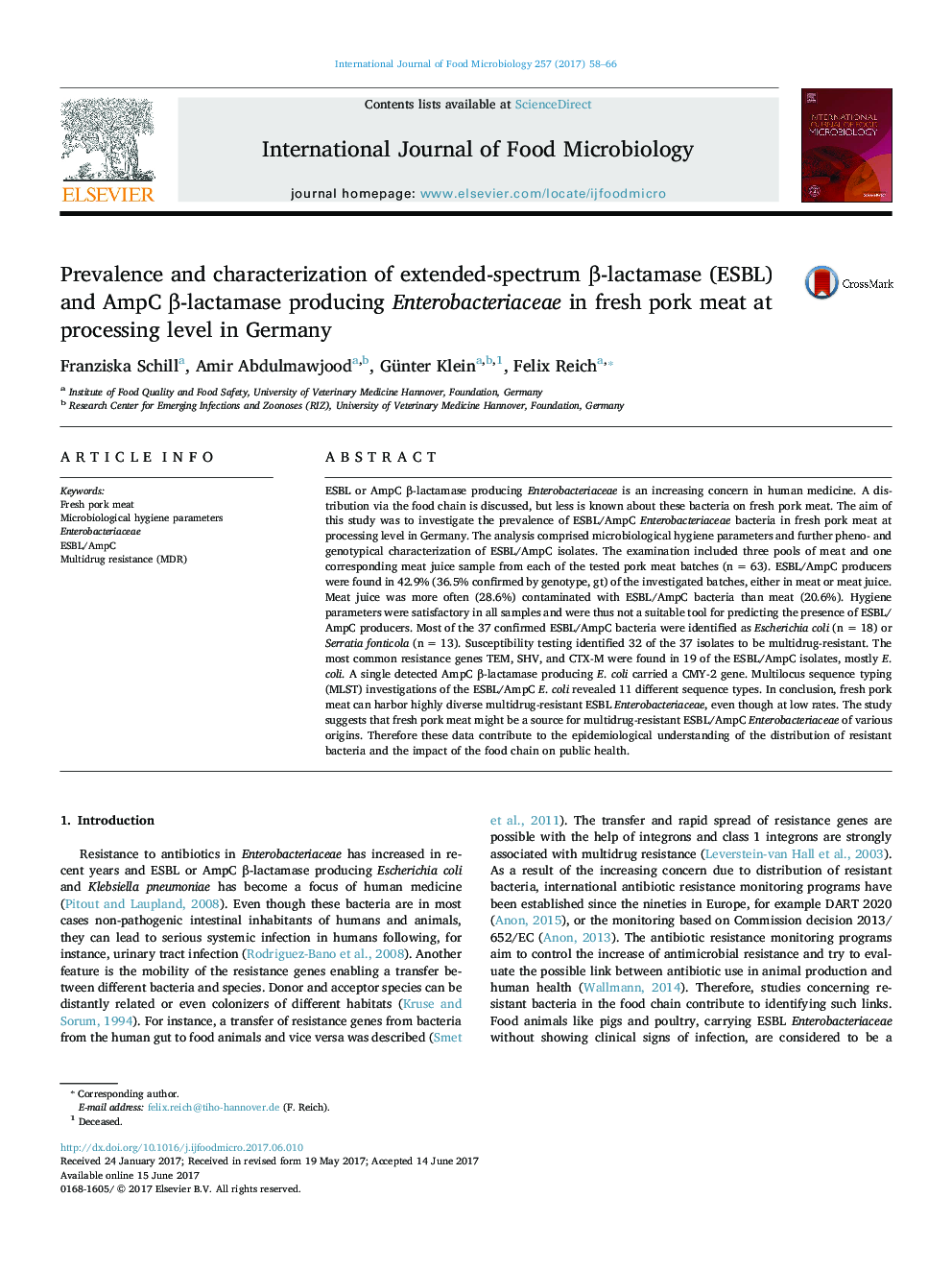 Prevalence and characterization of extended-spectrum Î²-lactamase (ESBL) and AmpC Î²-lactamase producing Enterobacteriaceae in fresh pork meat at processing level in Germany