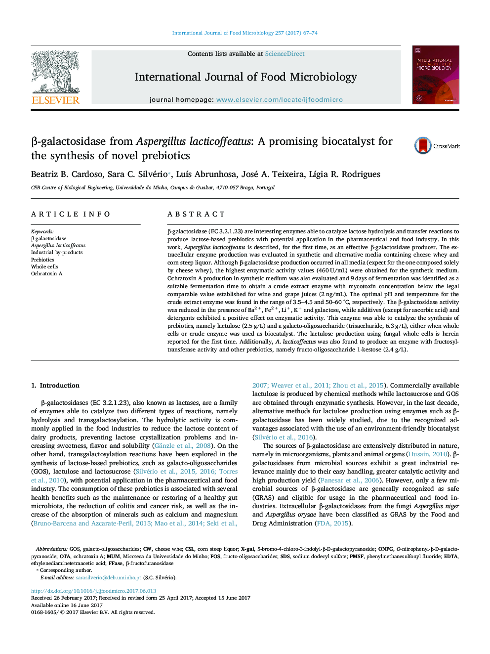 Î²-galactosidase from Aspergillus lacticoffeatus: A promising biocatalyst for the synthesis of novel prebiotics