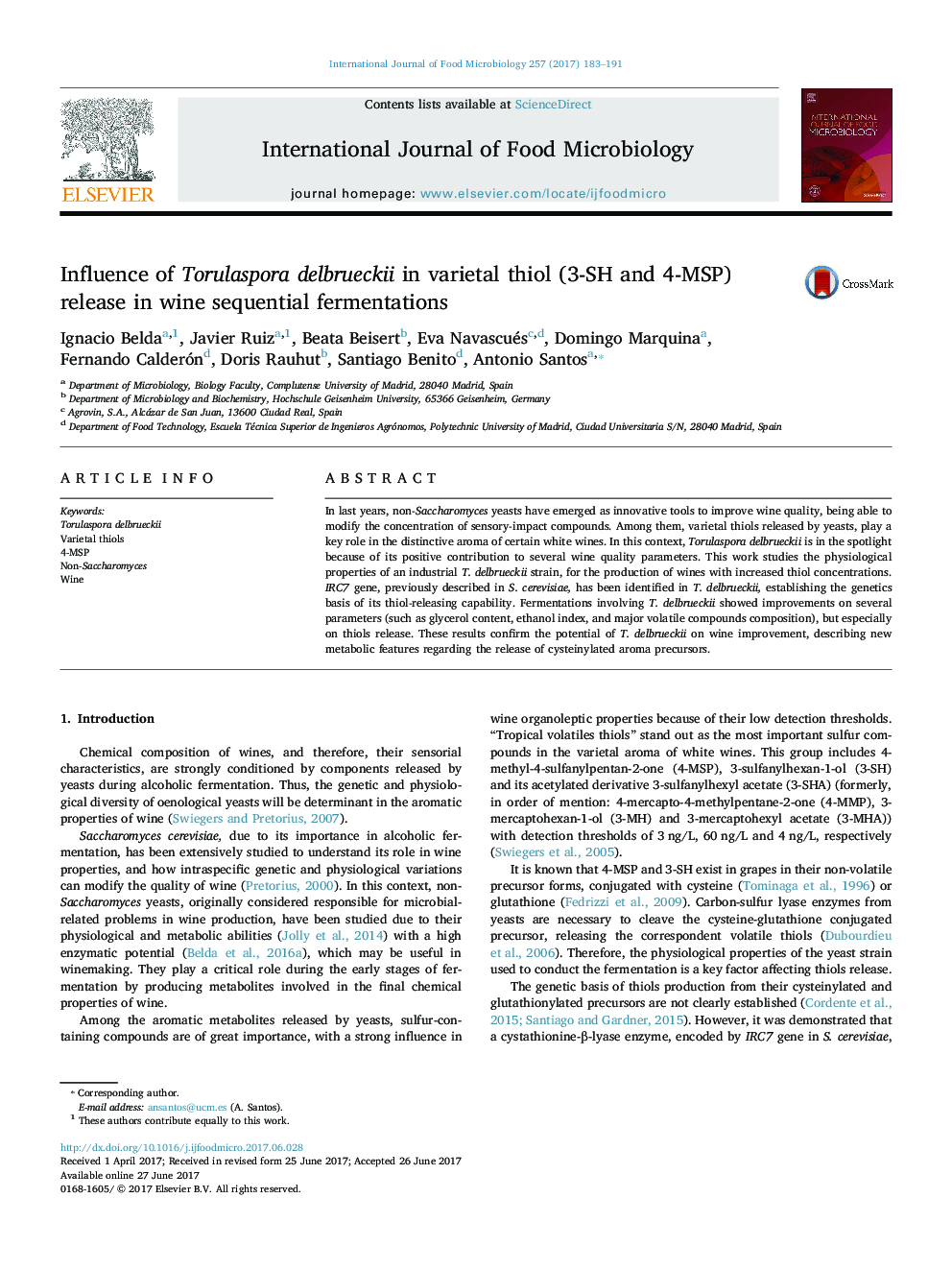 Influence of Torulaspora delbrueckii in varietal thiol (3-SH and 4-MSP) release in wine sequential fermentations