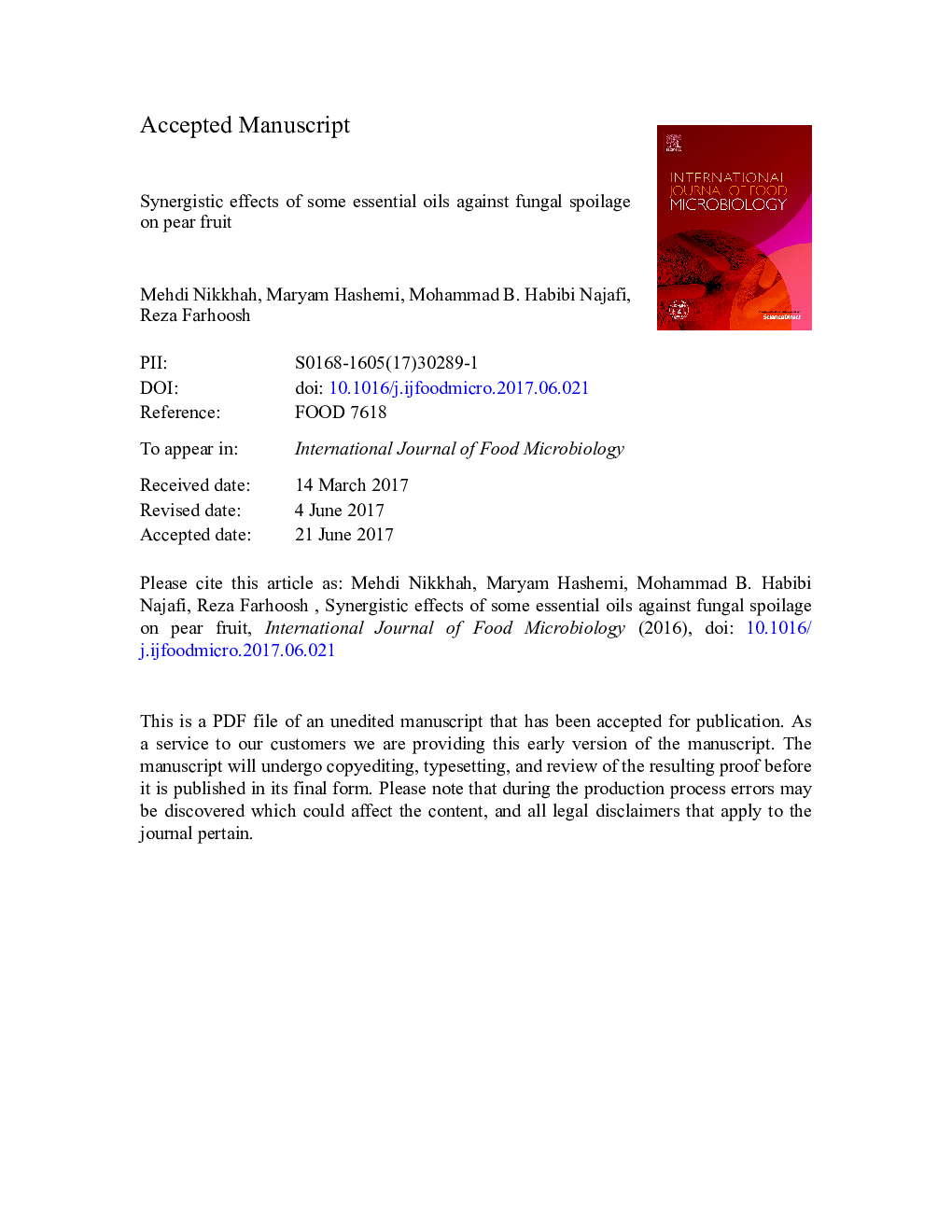 Synergistic effects of some essential oils against fungal spoilage on pear fruit