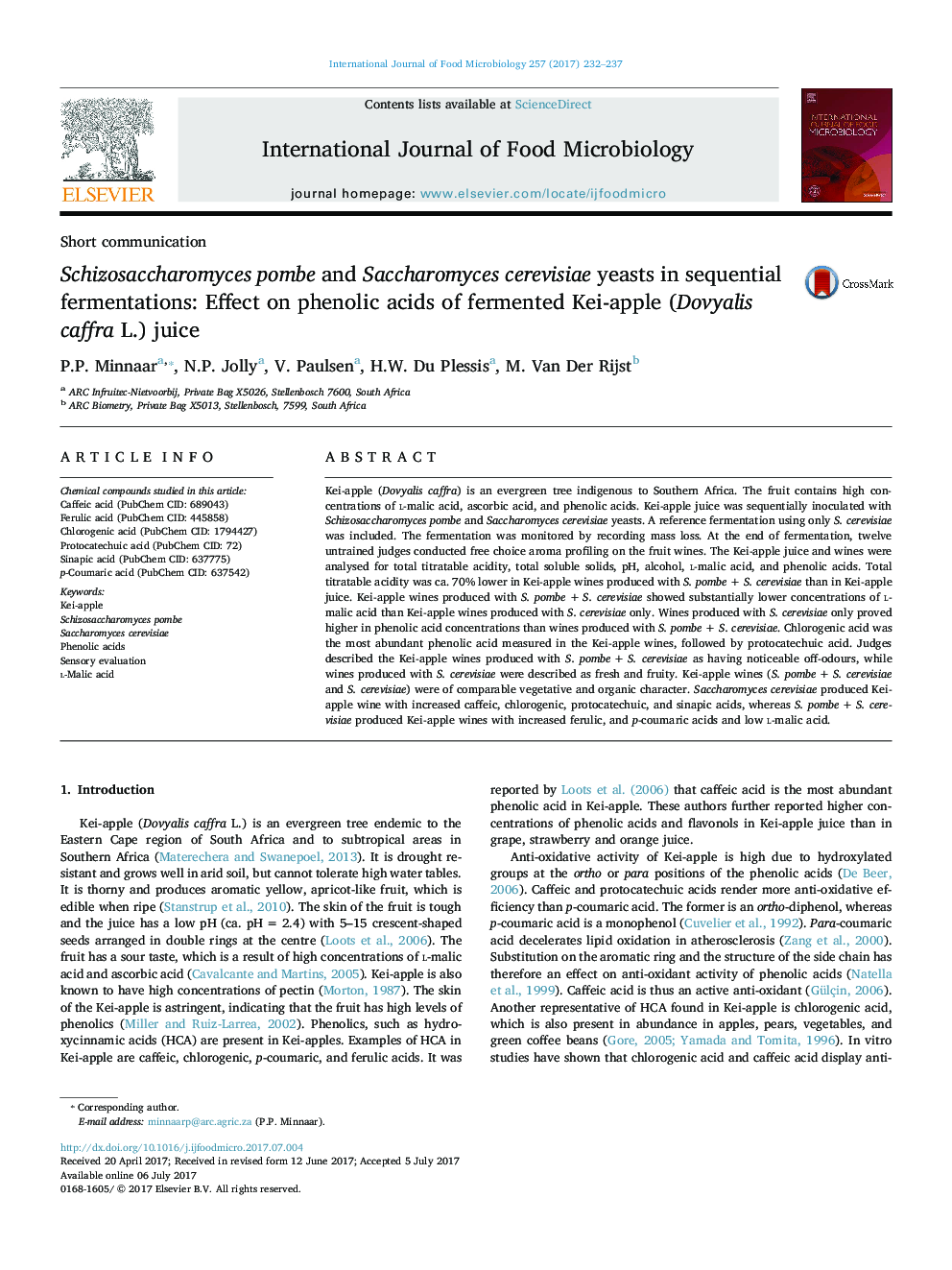 Short communicationSchizosaccharomyces pombe and Saccharomyces cerevisiae yeasts in sequential fermentations: Effect on phenolic acids of fermented Kei-apple (Dovyalis caffra L.) juice