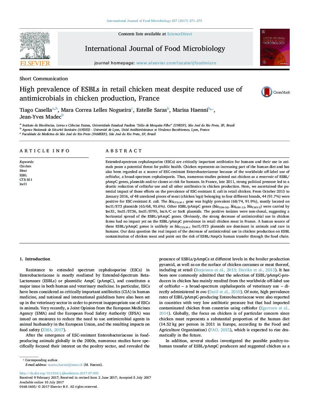 High prevalence of ESBLs in retail chicken meat despite reduced use of antimicrobials in chicken production, France