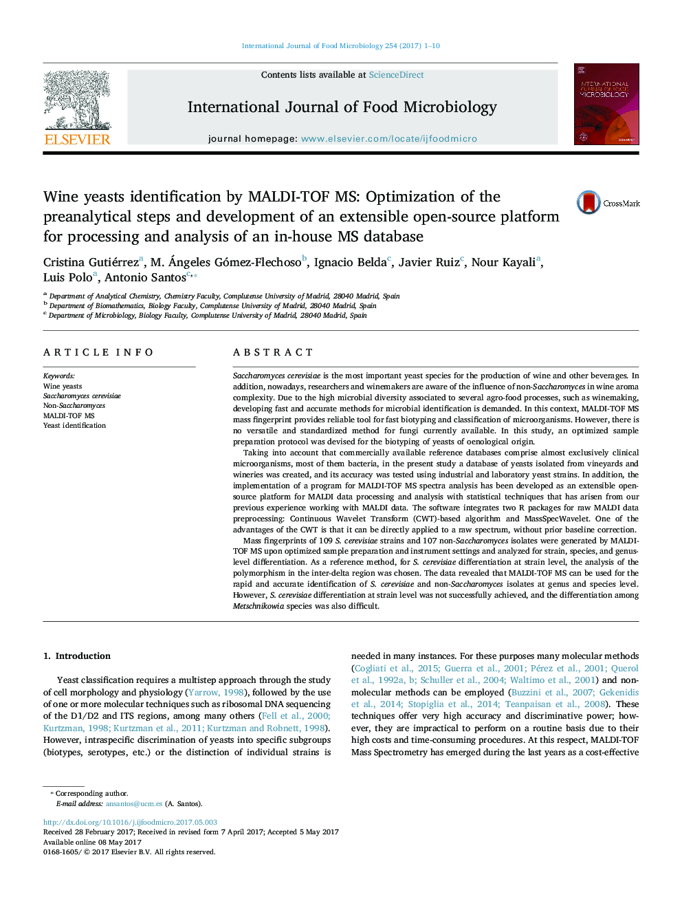 Wine yeasts identification by MALDI-TOF MS: Optimization of the preanalytical steps and development of an extensible open-source platform for processing and analysis of an in-house MS database