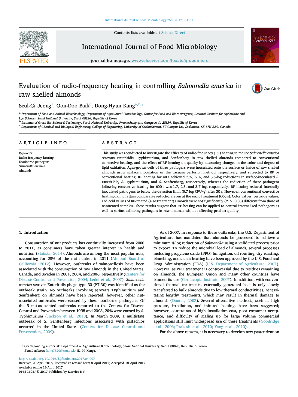 Evaluation of radio-frequency heating in controlling Salmonella enterica in raw shelled almonds