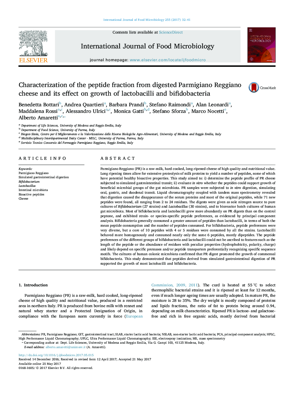 Characterization of the peptide fraction from digested Parmigiano Reggiano cheese and its effect on growth of lactobacilli and bifidobacteria