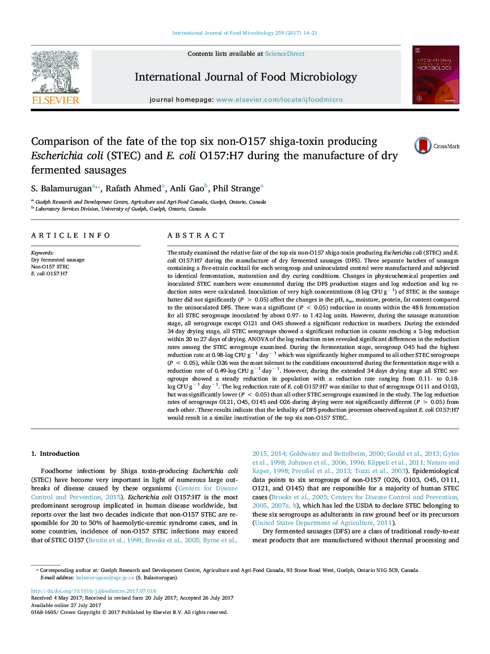 Comparison of the fate of the top six non-O157 shiga-toxin producing Escherichia coli (STEC) and E. coli O157:H7 during the manufacture of dry fermented sausages