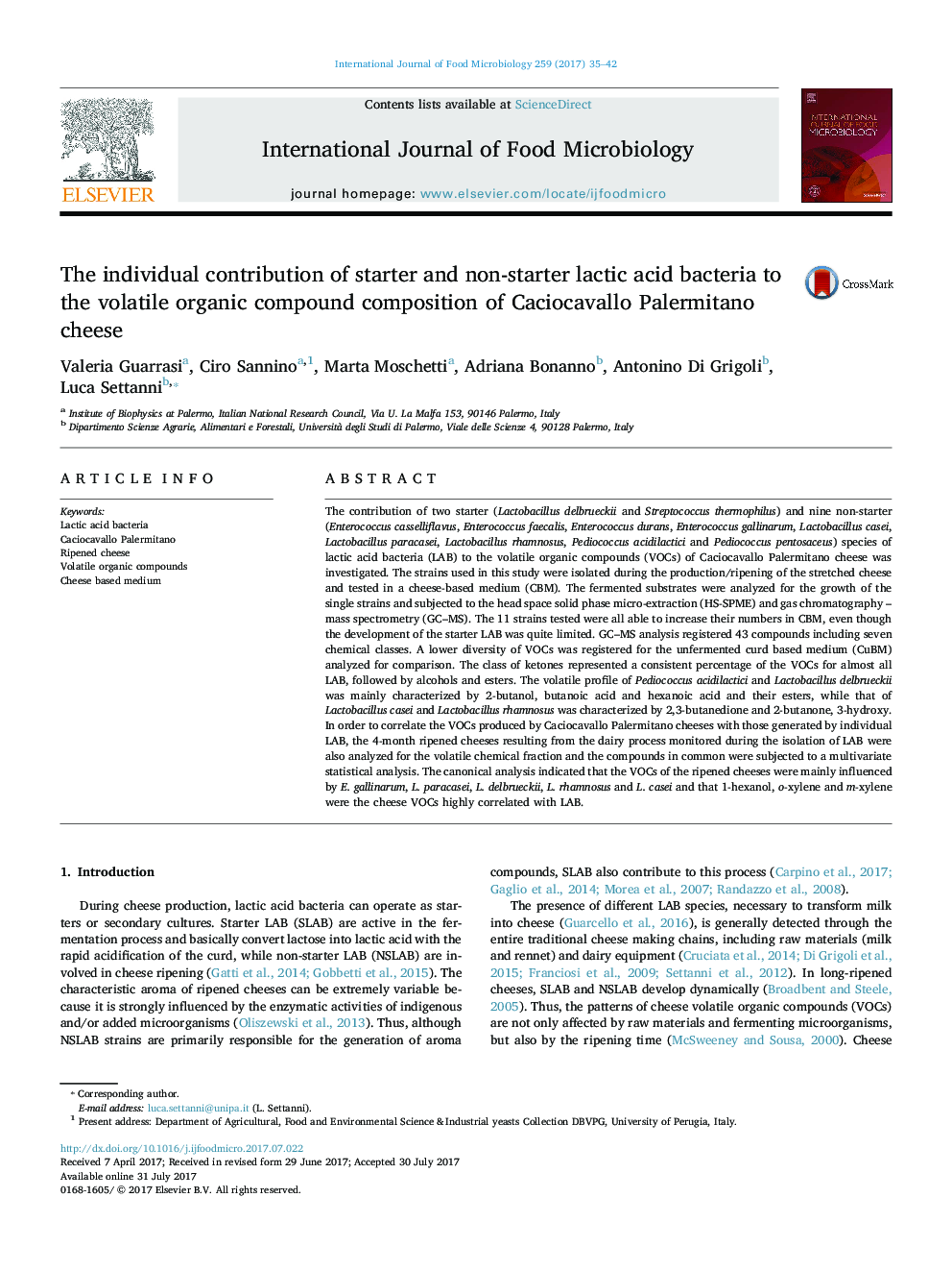 The individual contribution of starter and non-starter lactic acid bacteria to the volatile organic compound composition of Caciocavallo Palermitano cheese