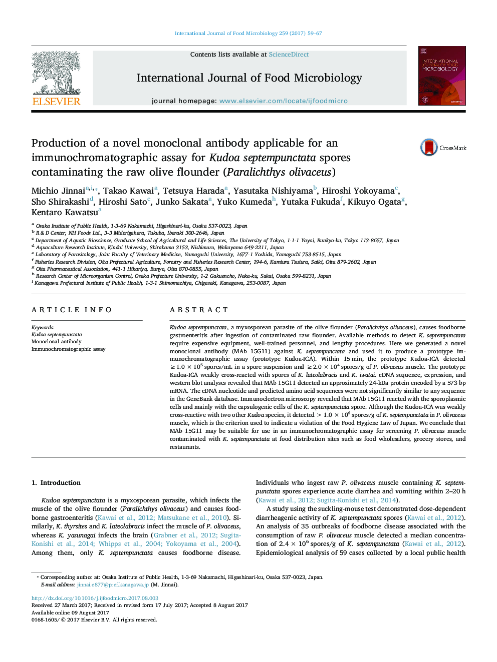 Production of a novel monoclonal antibody applicable for an immunochromatographic assay for Kudoa septempunctata spores contaminating the raw olive flounder (Paralichthys olivaceus)