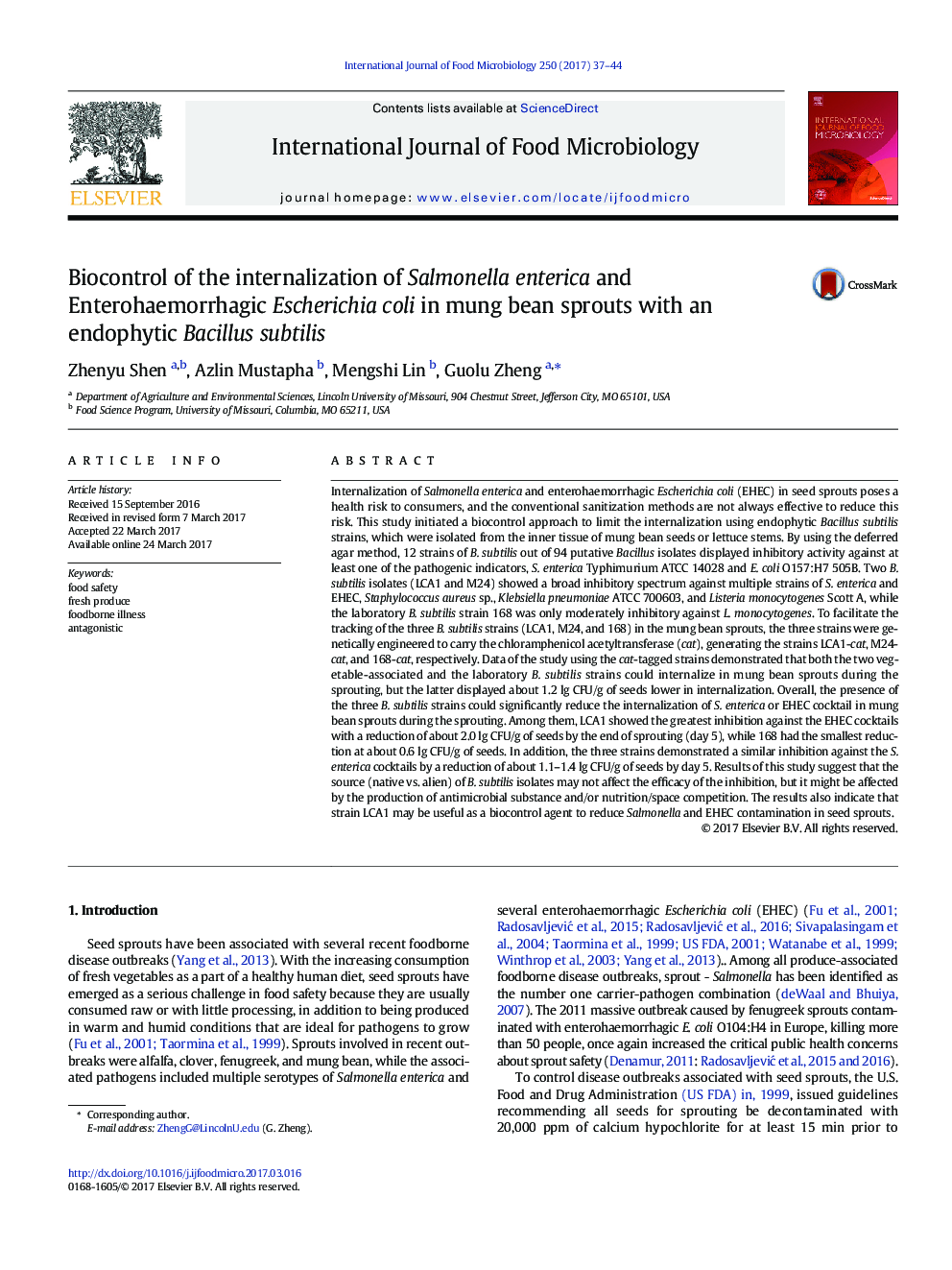 Biocontrol of the internalization of Salmonella enterica and Enterohaemorrhagic Escherichia coli in mung bean sprouts with an endophytic Bacillus subtilis