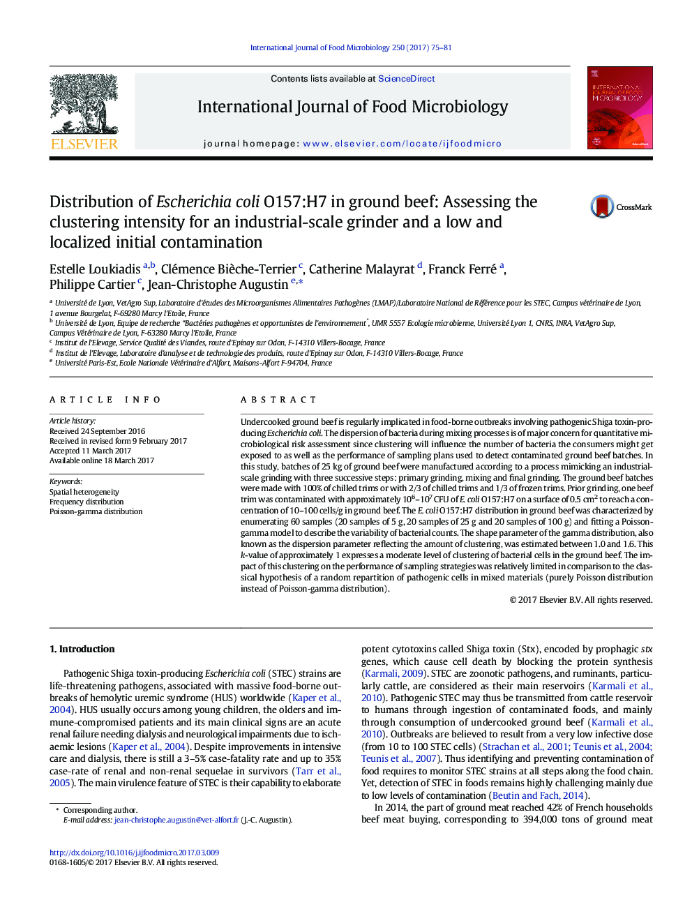 Distribution of Escherichia coli O157:H7 in ground beef: Assessing the clustering intensity for an industrial-scale grinder and a low and localized initial contamination