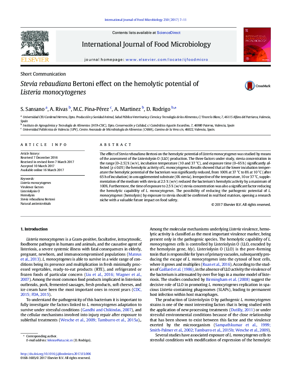 Short CommunicationStevia rebaudiana Bertoni effect on the hemolytic potential of Listeria monocytogenes