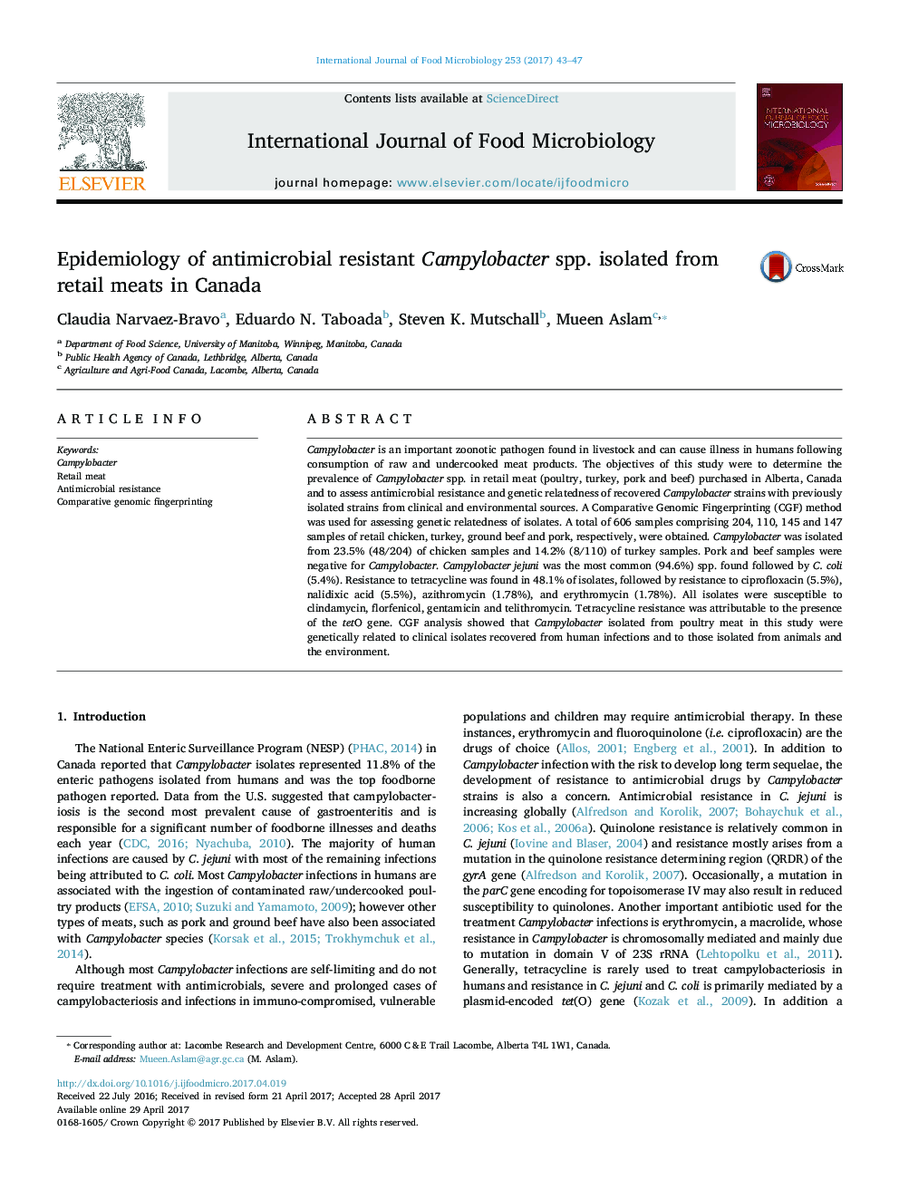 Epidemiology of antimicrobial resistant Campylobacter spp. isolated from retail meats in Canada