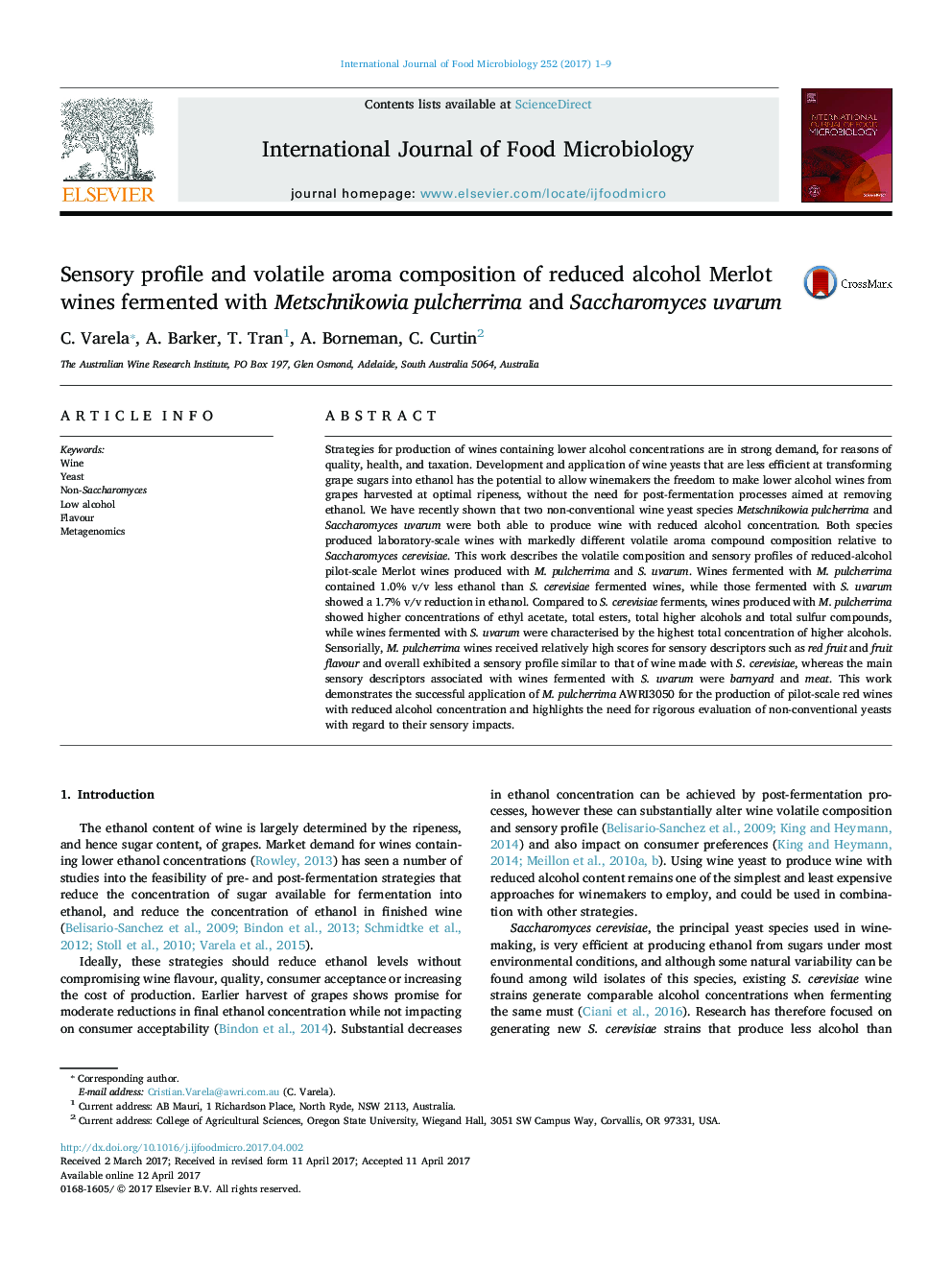 Sensory profile and volatile aroma composition of reduced alcohol Merlot wines fermented with Metschnikowia pulcherrima and Saccharomyces uvarum