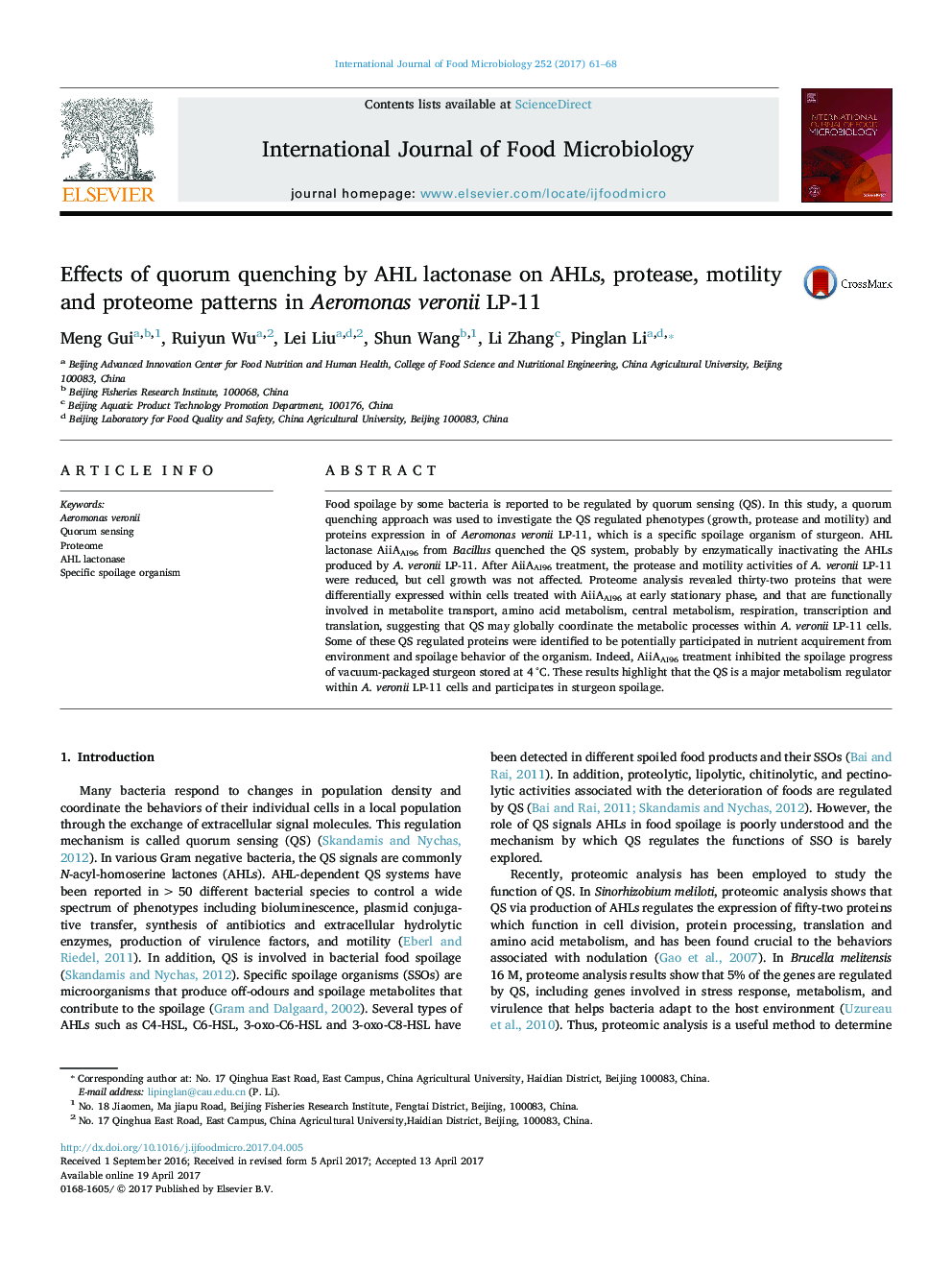 Effects of quorum quenching by AHL lactonase on AHLs, protease, motility and proteome patterns in Aeromonas veronii LP-11