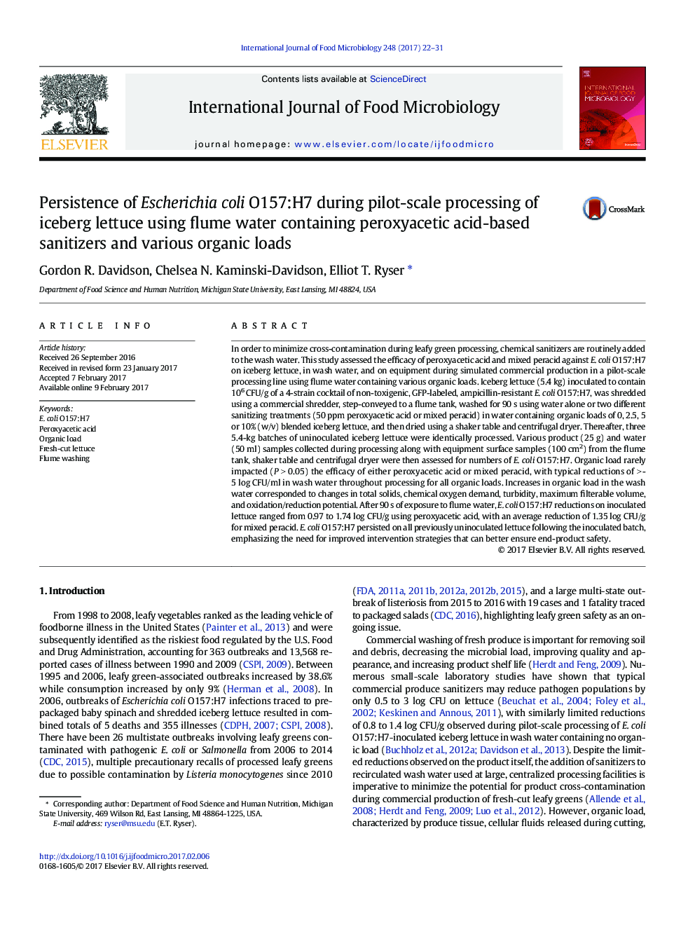 Persistence of Escherichia coli O157:H7 during pilot-scale processing of iceberg lettuce using flume water containing peroxyacetic acid-based sanitizers and various organic loads