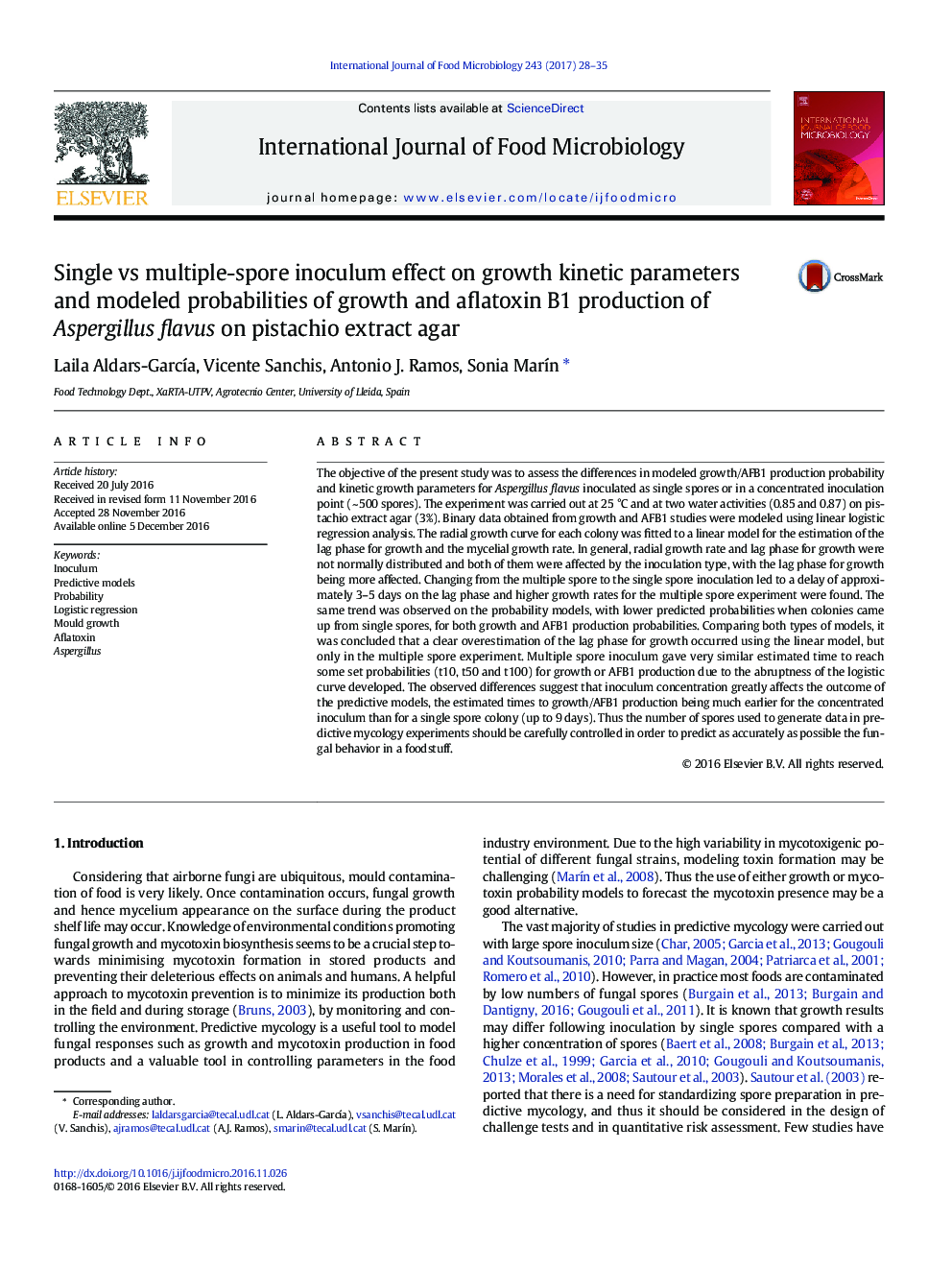 Single vs multiple-spore inoculum effect on growth kinetic parameters and modeled probabilities of growth and aflatoxin B1 production of Aspergillus flavus on pistachio extract agar