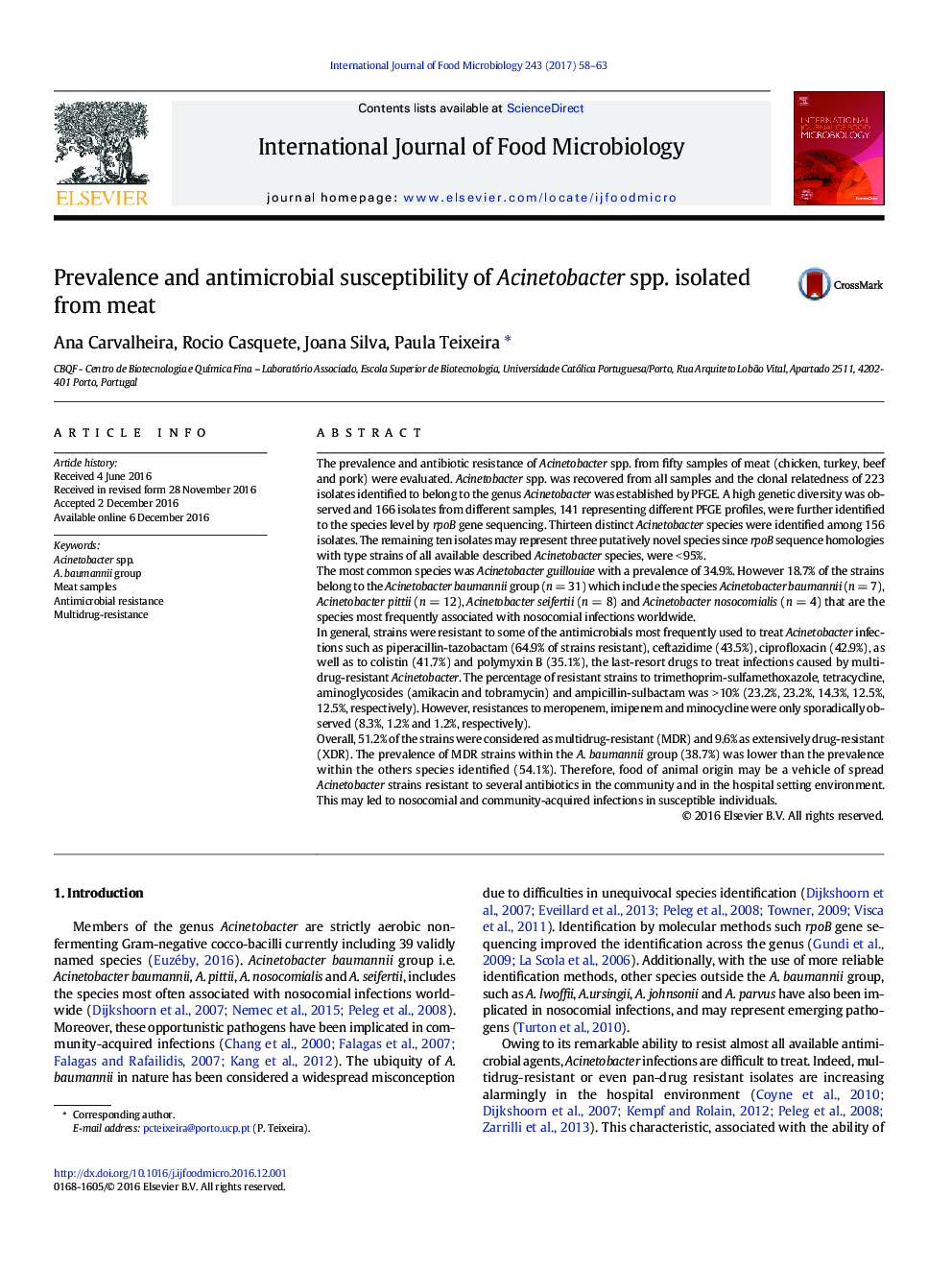 Prevalence and antimicrobial susceptibility of Acinetobacter spp. isolated from meat