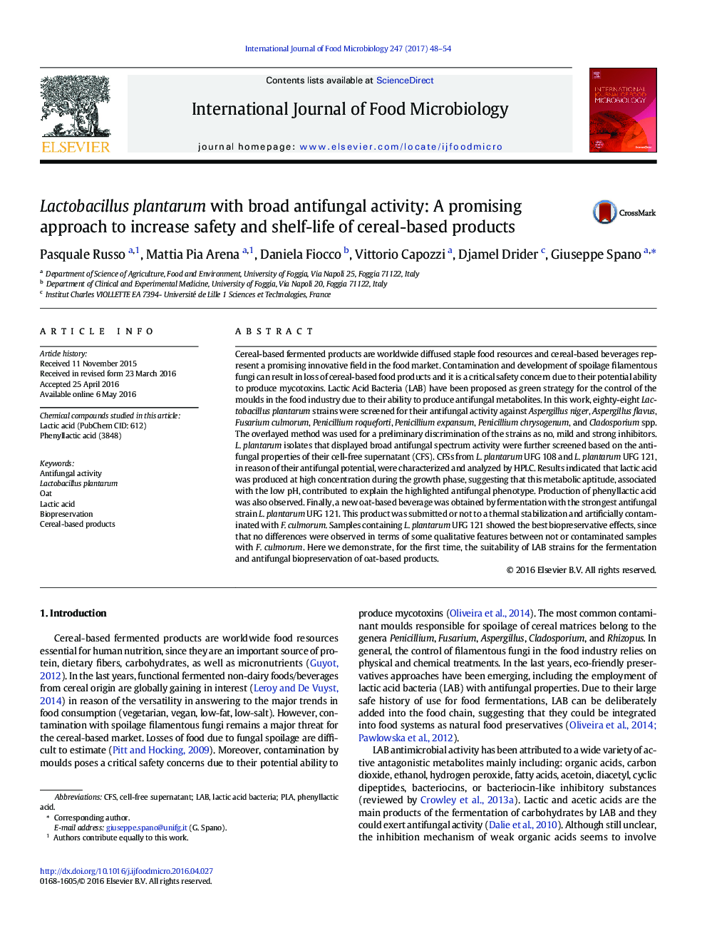 Lactobacillus plantarum with broad antifungal activity: A promising approach to increase safety and shelf-life of cereal-based products