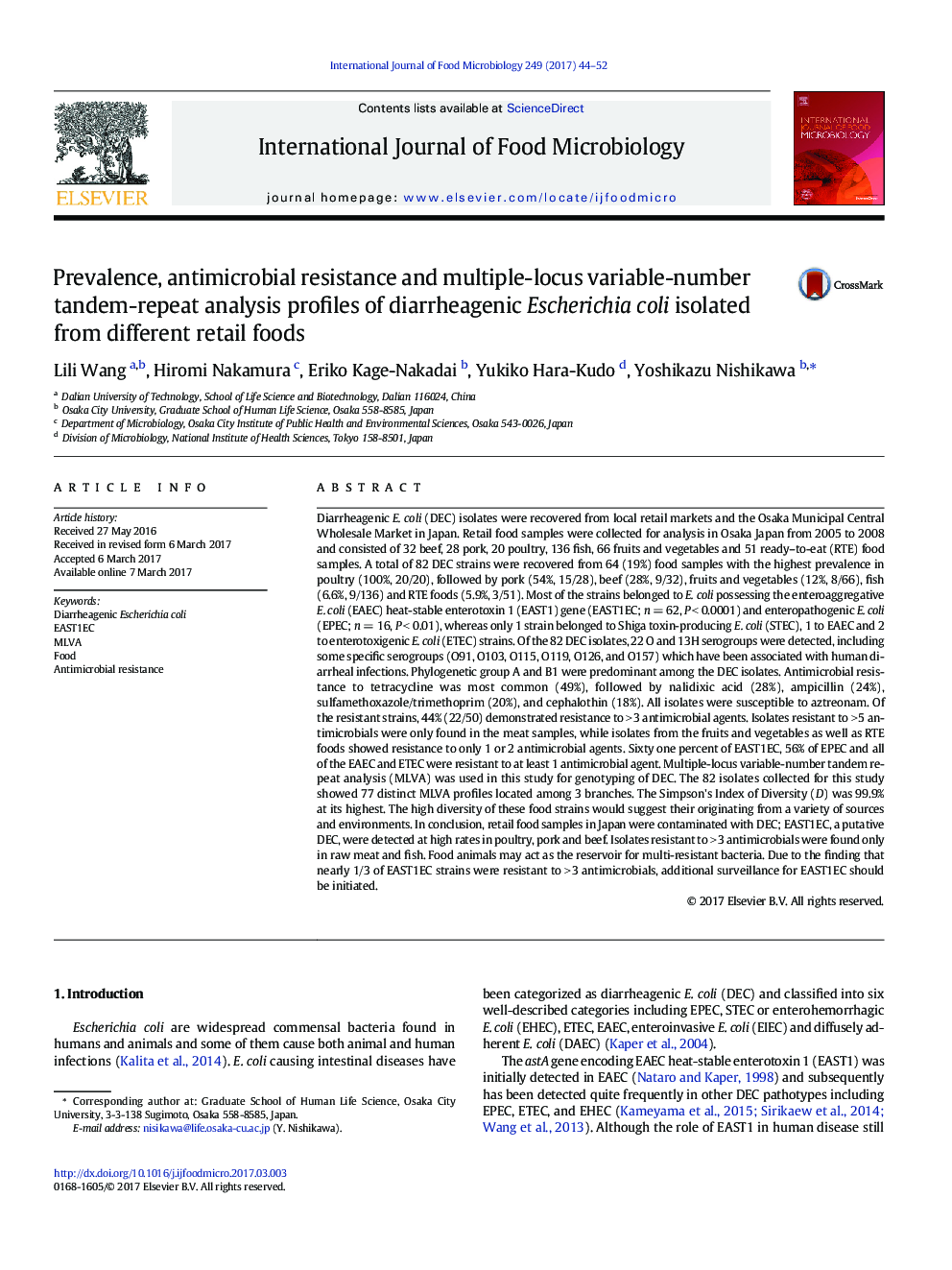 Prevalence, antimicrobial resistance and multiple-locus variable-number tandem-repeat analysis profiles of diarrheagenic Escherichia coli isolated from different retail foods