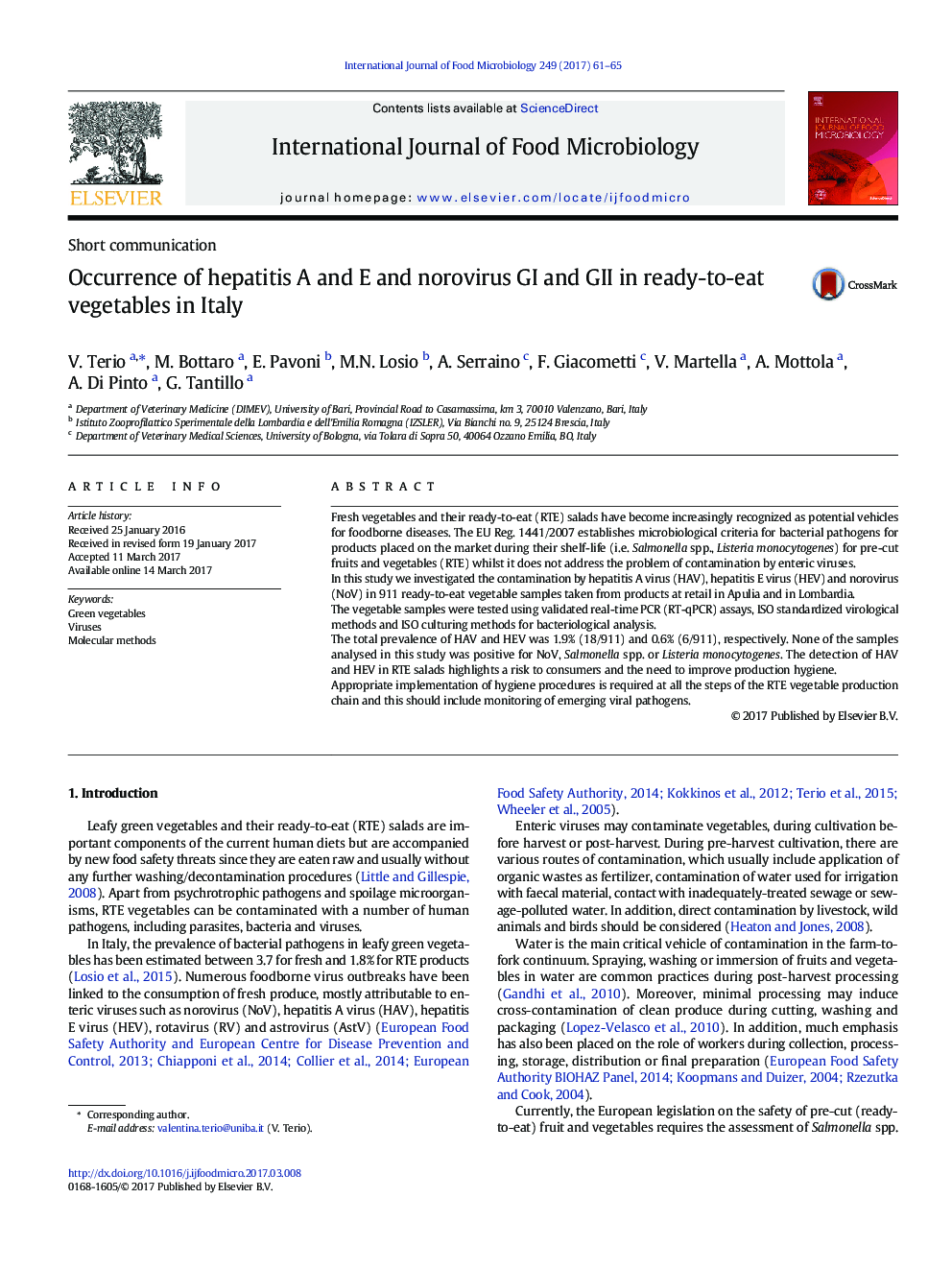 Short communicationOccurrence of hepatitis A and E and norovirus GI and GII in ready-to-eat vegetables in Italy