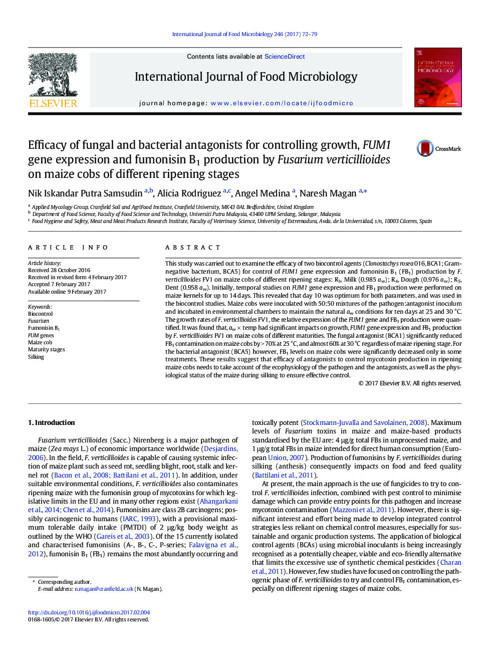 Efficacy of fungal and bacterial antagonists for controlling growth, FUM1 gene expression and fumonisin B1 production by Fusarium verticillioides on maize cobs of different ripening stages