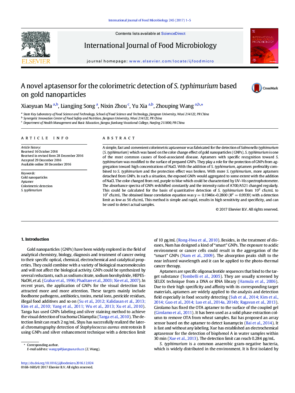 A novel aptasensor for the colorimetric detection of S. typhimurium based on gold nanoparticles