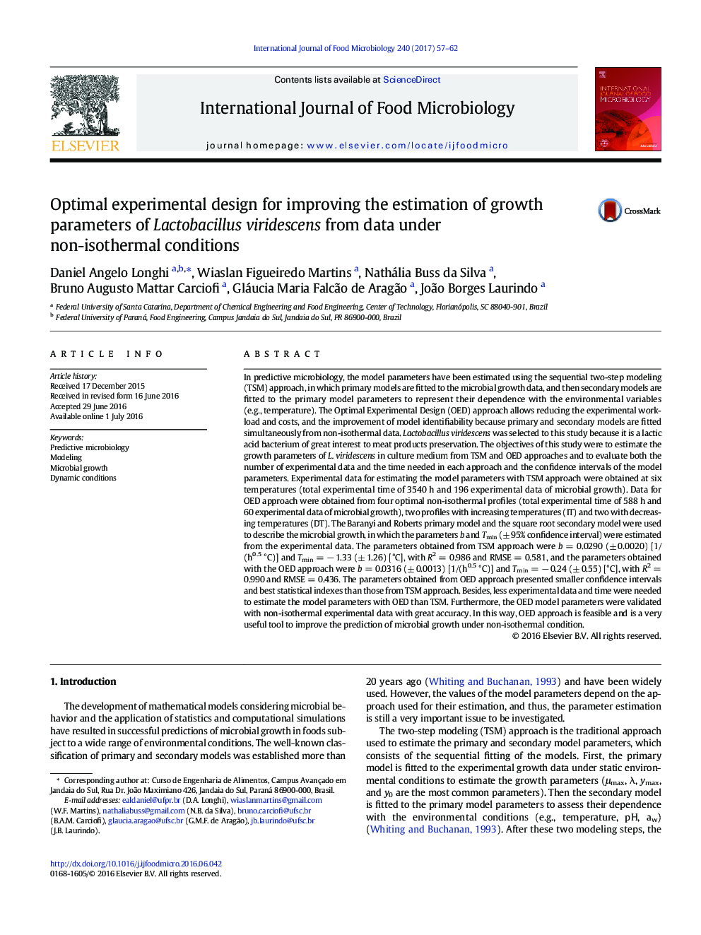 Optimal experimental design for improving the estimation of growth parameters of Lactobacillus viridescens from data under non-isothermal conditions