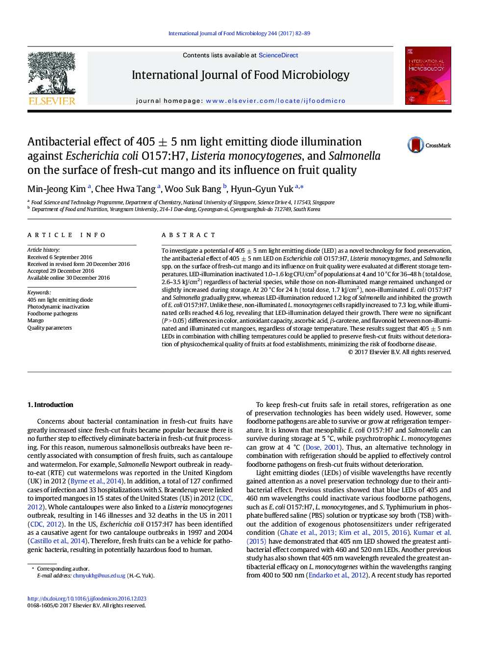 Antibacterial effect of 405Â Â±Â 5Â nm light emitting diode illumination against Escherichia coli O157:H7, Listeria monocytogenes, and Salmonella on the surface of fresh-cut mango and its influence on fruit quality