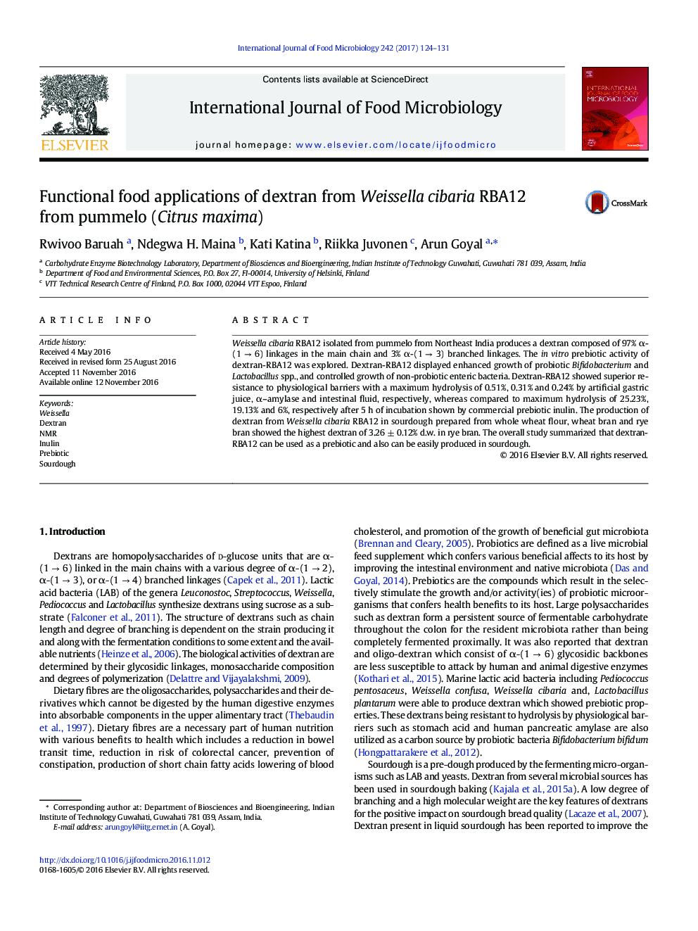 Functional food applications of dextran from Weissella cibaria RBA12 from pummelo (Citrus maxima)