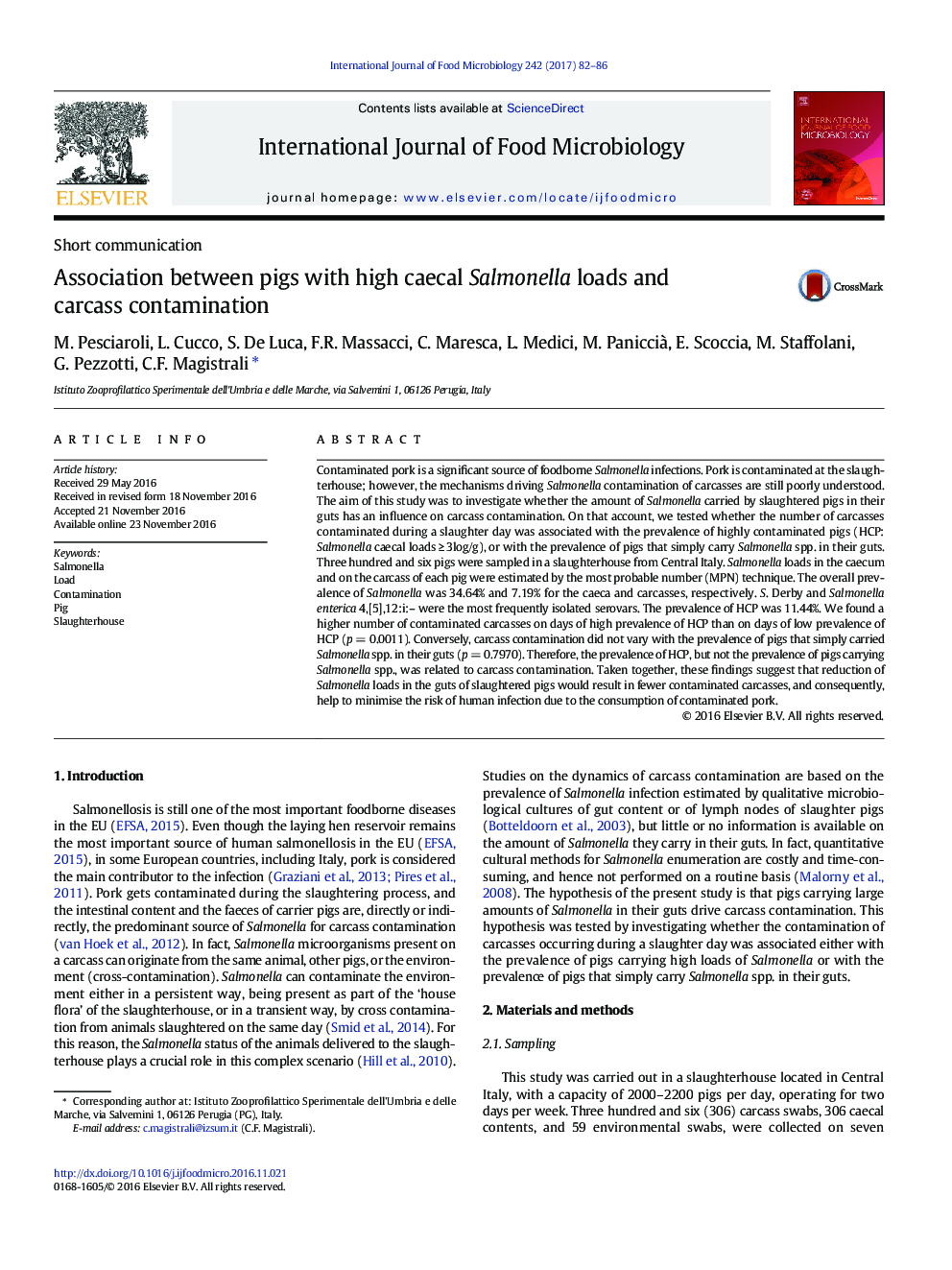 Short communicationAssociation between pigs with high caecal Salmonella loads and carcass contamination