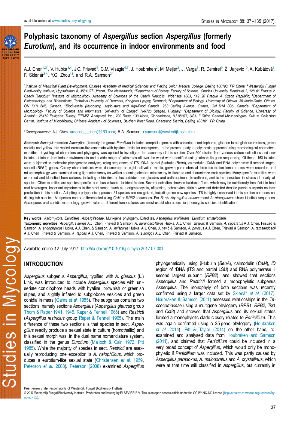 Polyphasic taxonomy of Aspergillus section Aspergillus (formerly Eurotium), and its occurrence in indoor environments and food