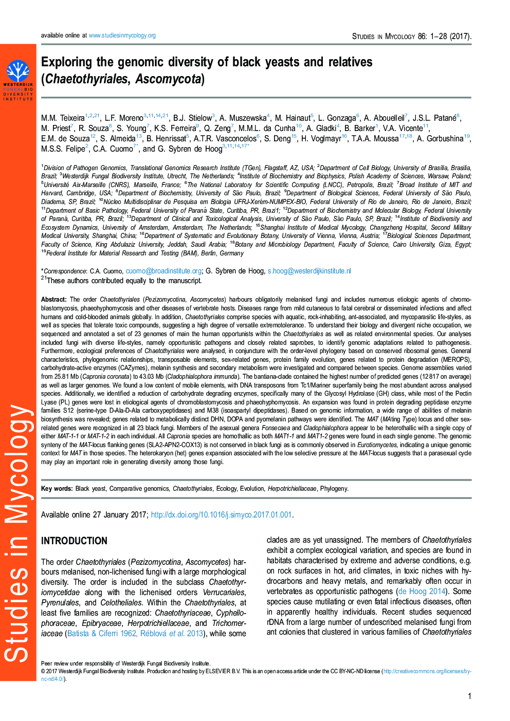 Exploring the genomic diversity of black yeasts and relatives (Chaetothyriales, Ascomycota)