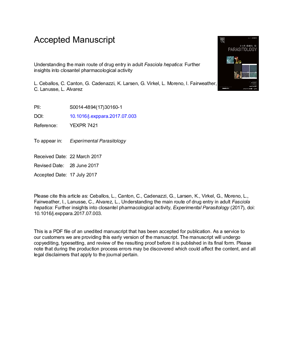 Understanding the main route of drug entry in adult Fasciola hepatica: Further insights into closantel pharmacological activity