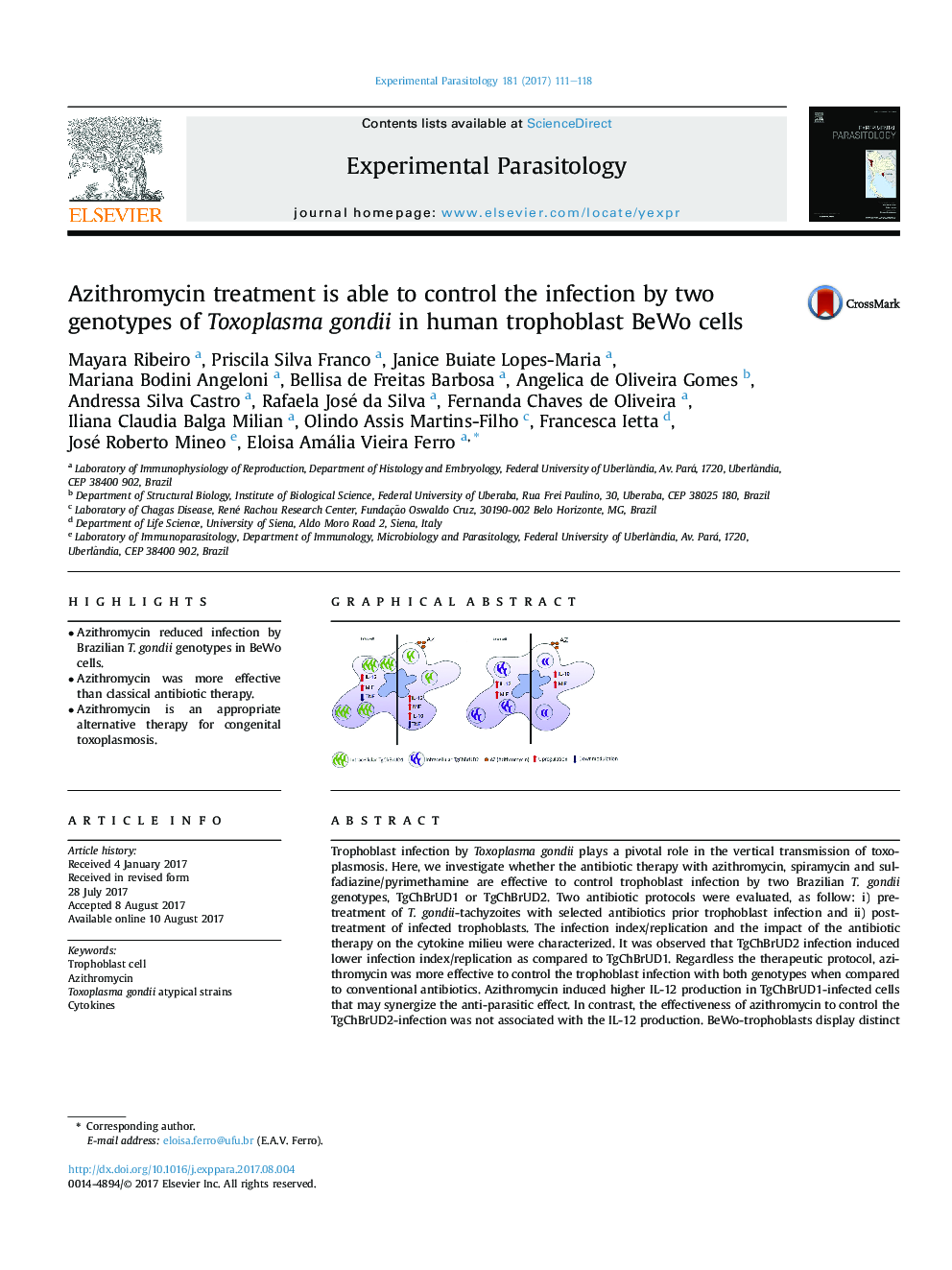 Azithromycin treatment is able to control the infection by two genotypes of Toxoplasma gondii in human trophoblast BeWo cells